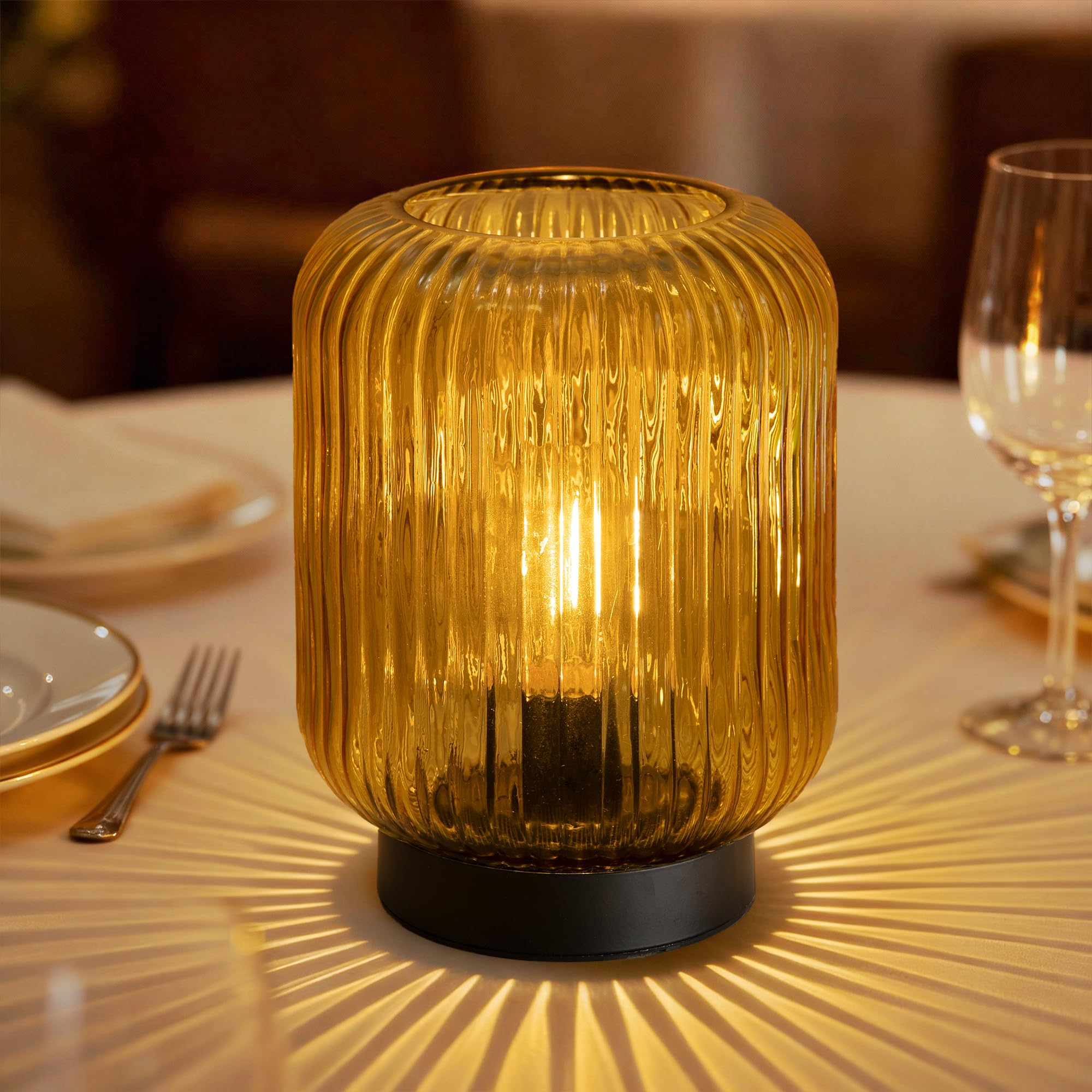 Battery Operated Lamp, Cordless Table Lamps for Home Decor, Battery Powered Nightlight with LED Bulb, Decorative Glass Beside Lamp for Bedroom Living Room-Gold