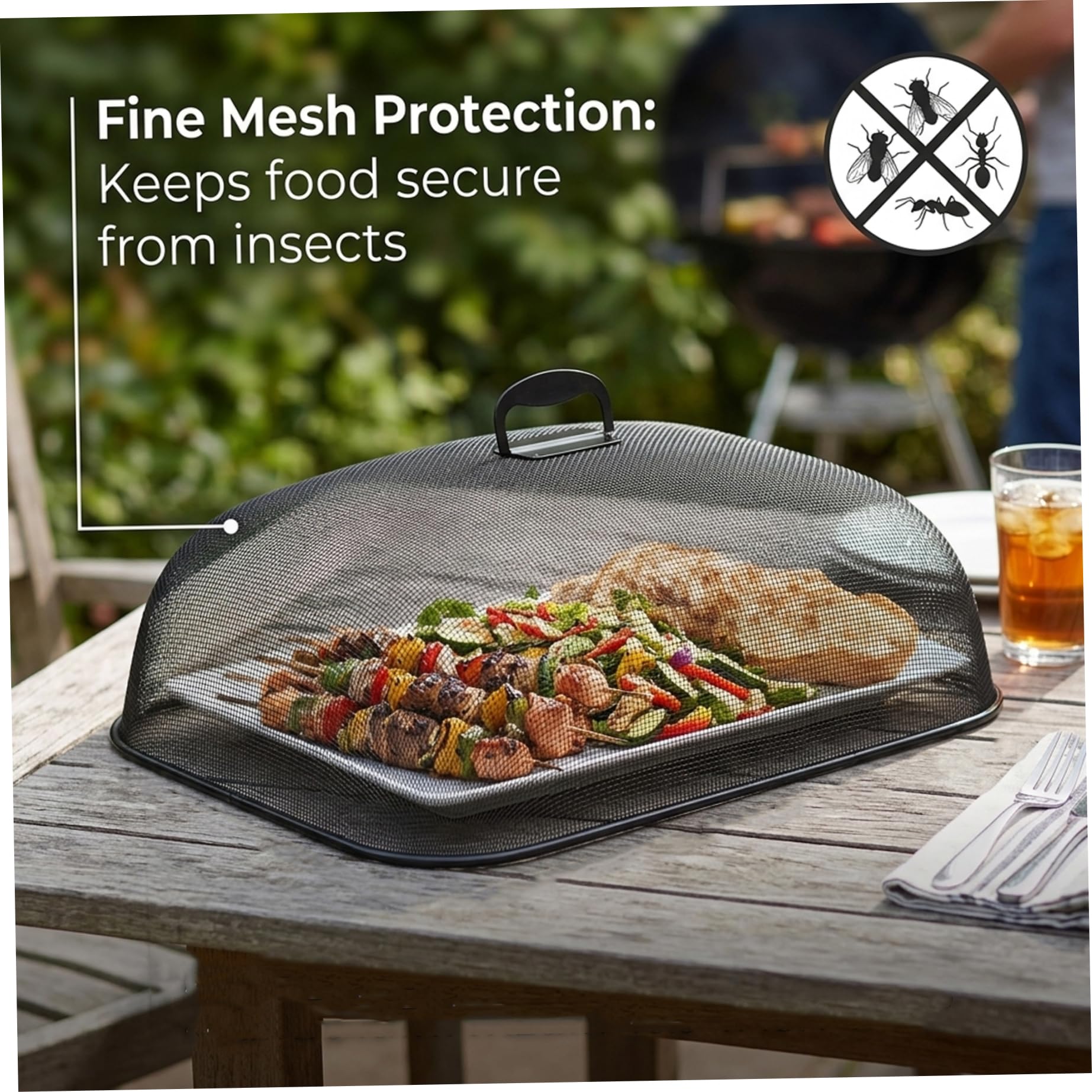 Copri Alimenti per Esterno in Rete, Copri Alimenti in Rete per Tavolo da Pranzo, Coperture Ferro Ventilato a 360° per Esterno con Maniglia, Protezione Rettangolare Nera, 18, 5x13, 4x7, 9 Pol