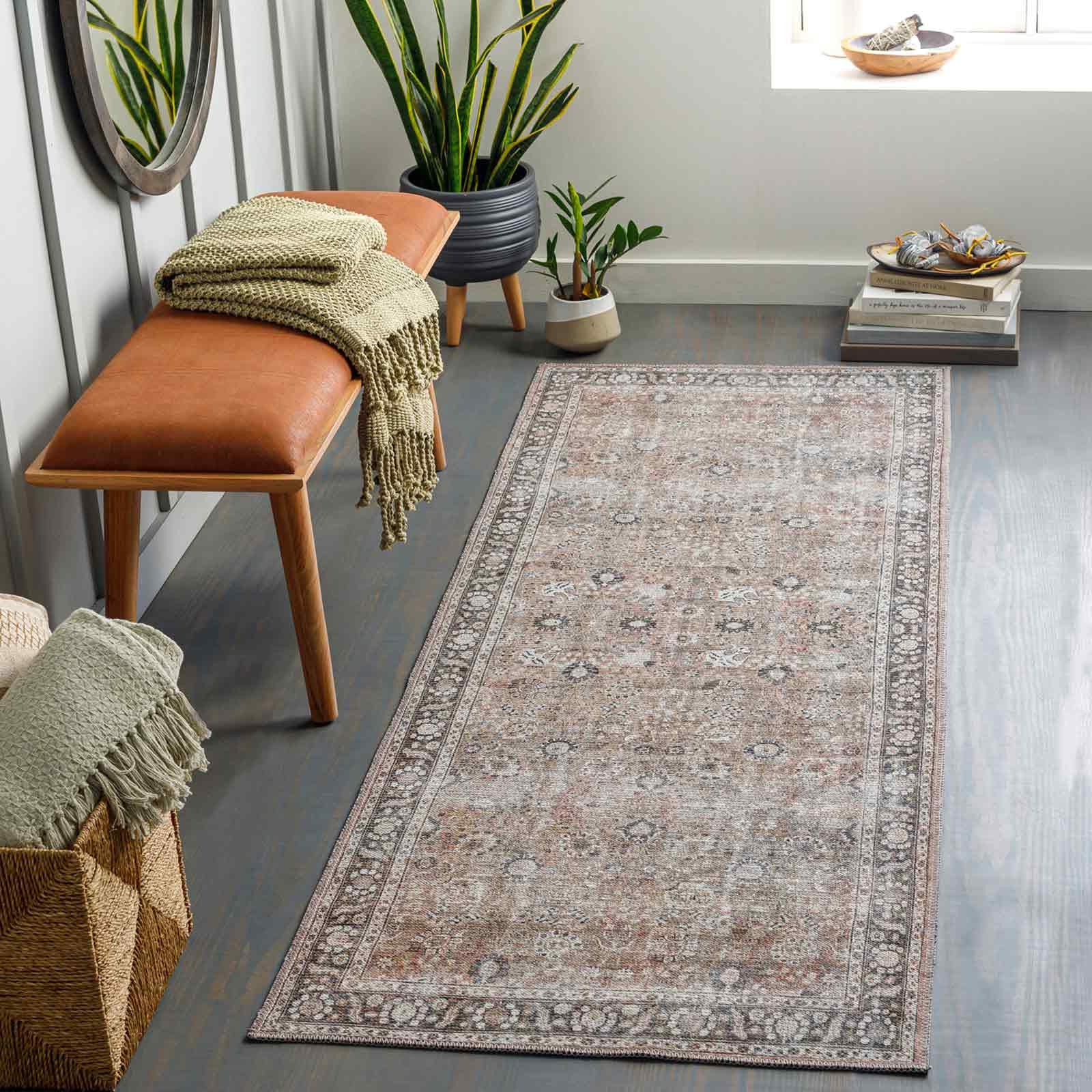 Livabliss Peyton Terjit Washable Runner 80x220 cm, Hallway & Kitchen, Vintage Boho Style, Easy Care, Brown Charcoal Black