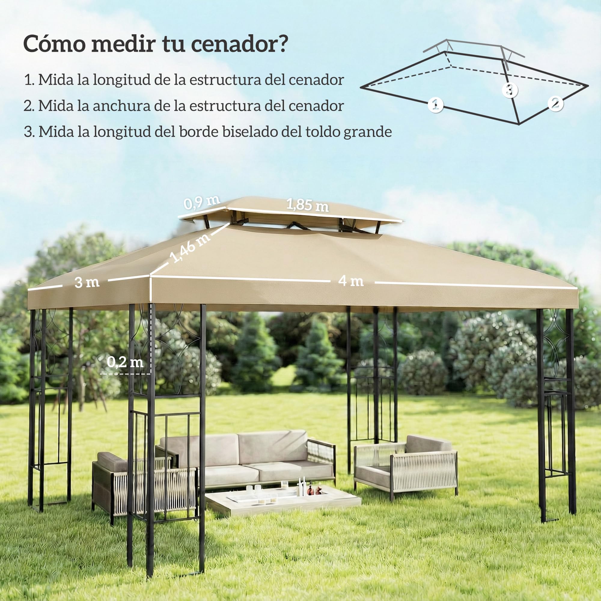 Outsunny Techo de Repuesto para Cenador, 4x3 m, Cubierta de Repuesto con Techo Doble, 10 Orificios de Drenaje y Protección UV, Solo Toldo de Recambio para Pabellón Gazebo, Blanco Crema