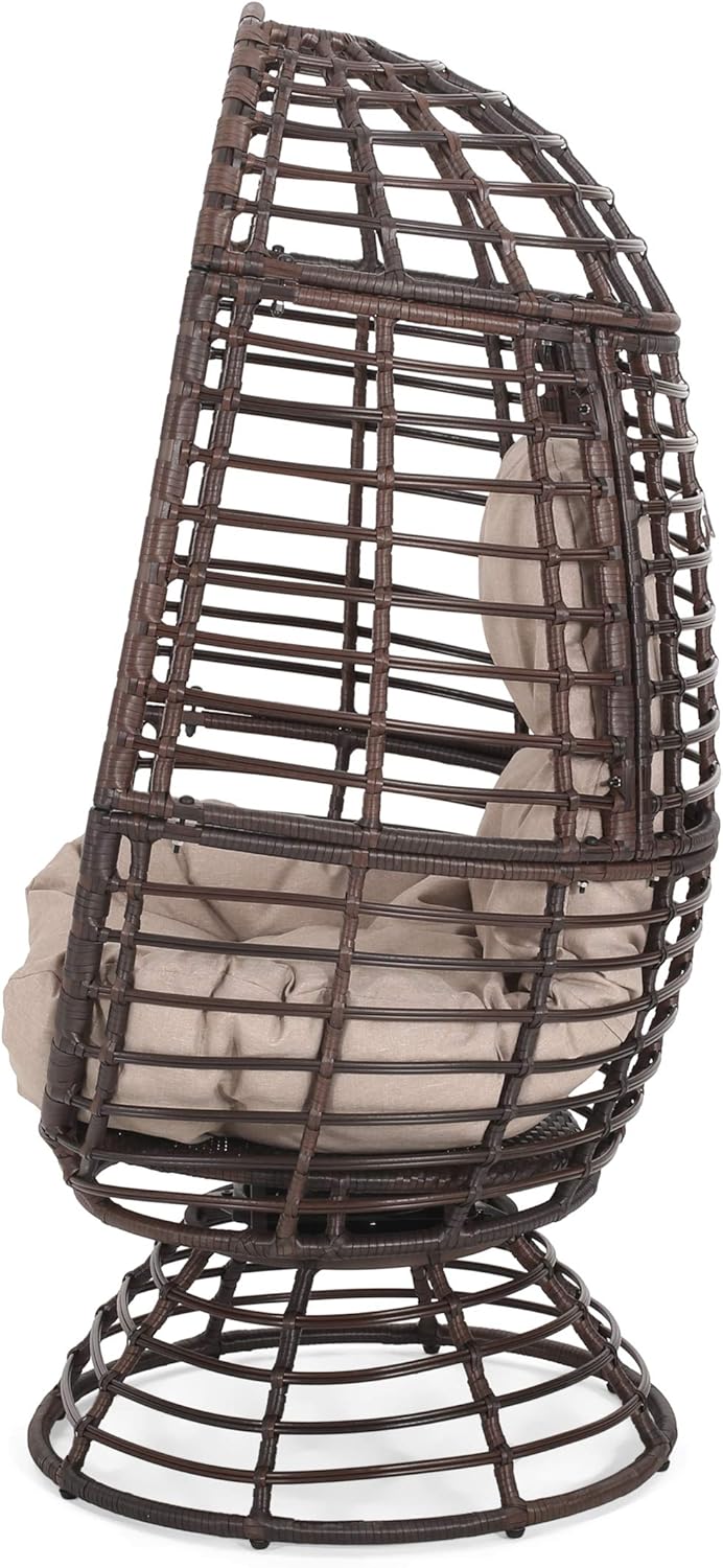 Christopher Knight Home Frances Outdoor Wicker Swivel Egg Chair with Cushion, Dark Brown, Beige