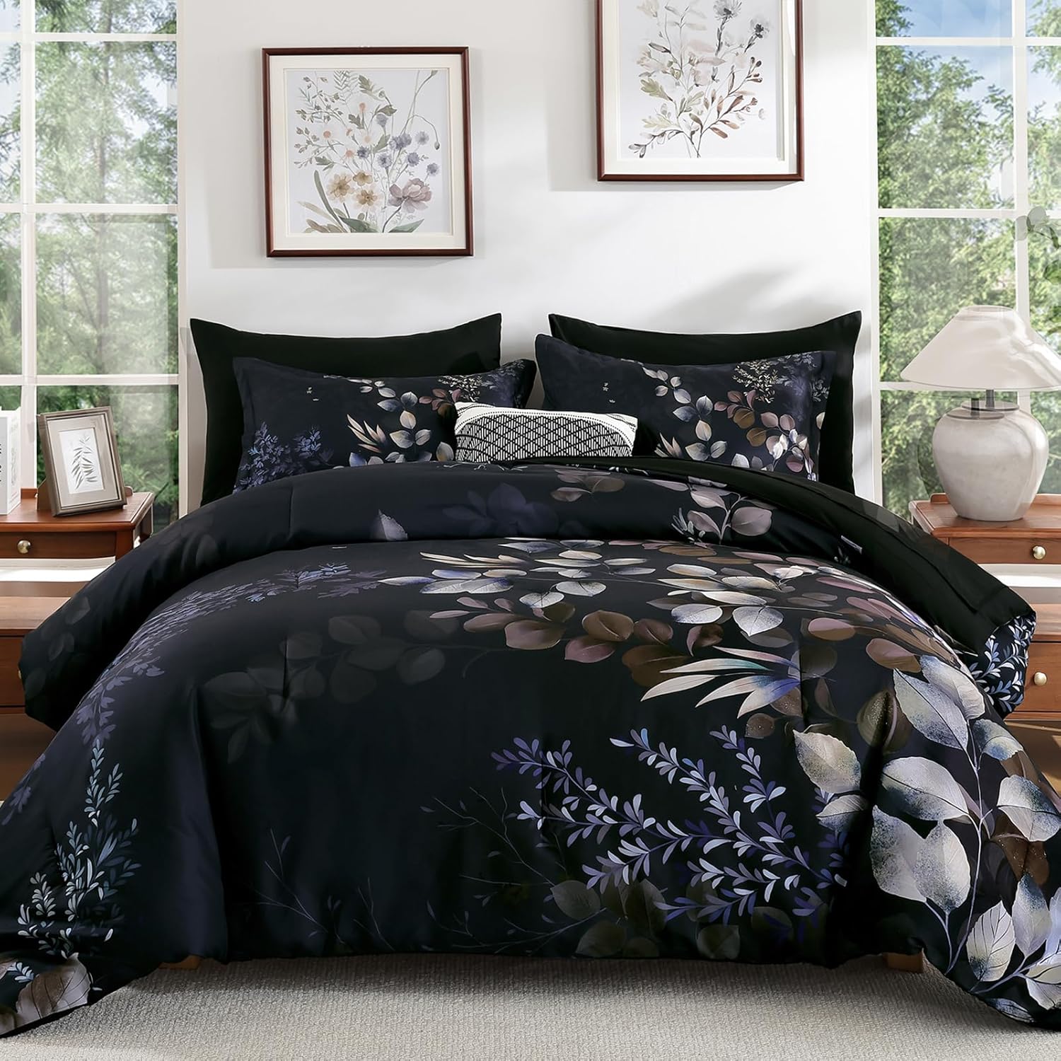 Xruibed Black Comforter Set Queen Size 7 Pieces Bed in a Bag, Botanical Floral Print Bed Sets, Elegant Flower Comforter with Sheet Set, Soft Microfiber Bedding Set for All Season (Black, 90"x90")