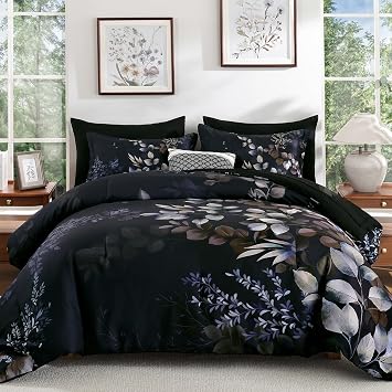 Xruibed Black Comforter Set King Size 7 Pieces Bed in a Bag, Botanical Floral Print Bed Sets, Elegant Flower Comforter with Sheet Set, Soft Microfiber Bedding Set for All Season