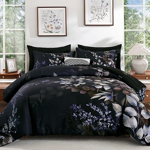 Xruibed Black Comforter Set King Size 7 Pieces Bed in a Bag, Botanical Floral Print Bed Sets, Elegant Flower Comforter with Sheet Set, Soft Microfiber Bedding Set for All Season (Black, 104"x90")