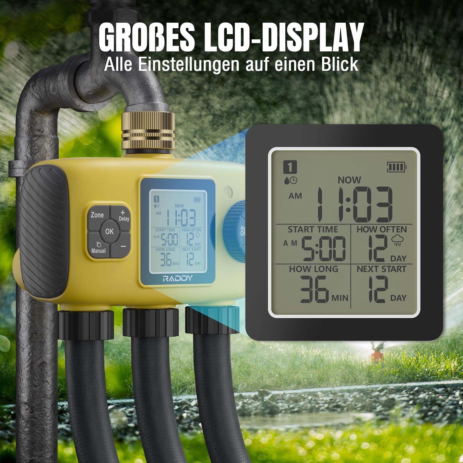 Raddy WS-8 Bewässerungscomputer 3 Ausgänge, Automatische Bewässerung Zeitschaltuhr mit manueller Bewässerung, Regenverzögerung, großes LCD-Display, IPX5 wasserdicht für Gartenhöfe, Gelb