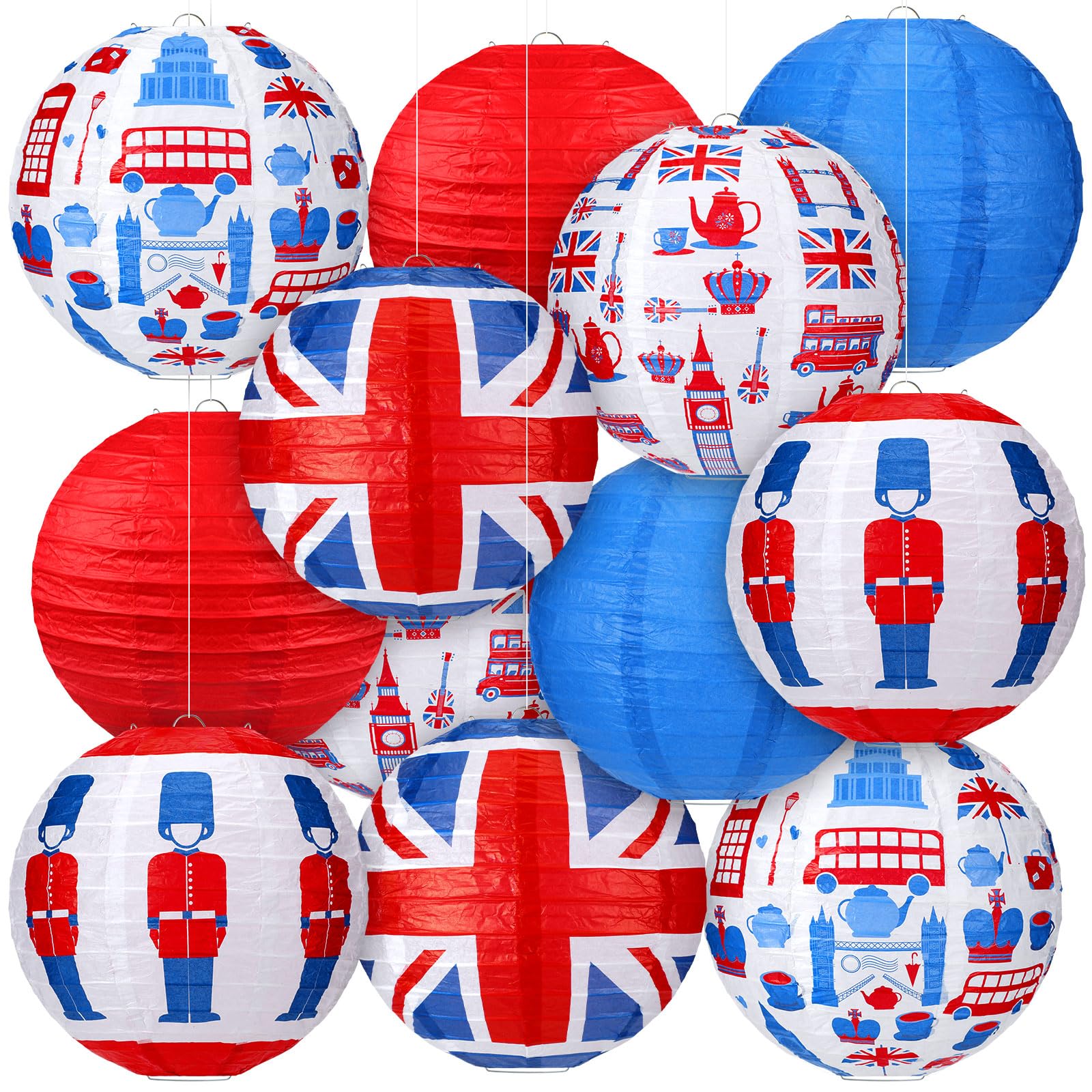 Panelee 12 Pcs British Party Decoration Britain UK England Flag Theme Hanging Paper Lanterns with London Double Decker Bus Telephone Booth Lanterns Decorative for Hanging Coronation Party Decor