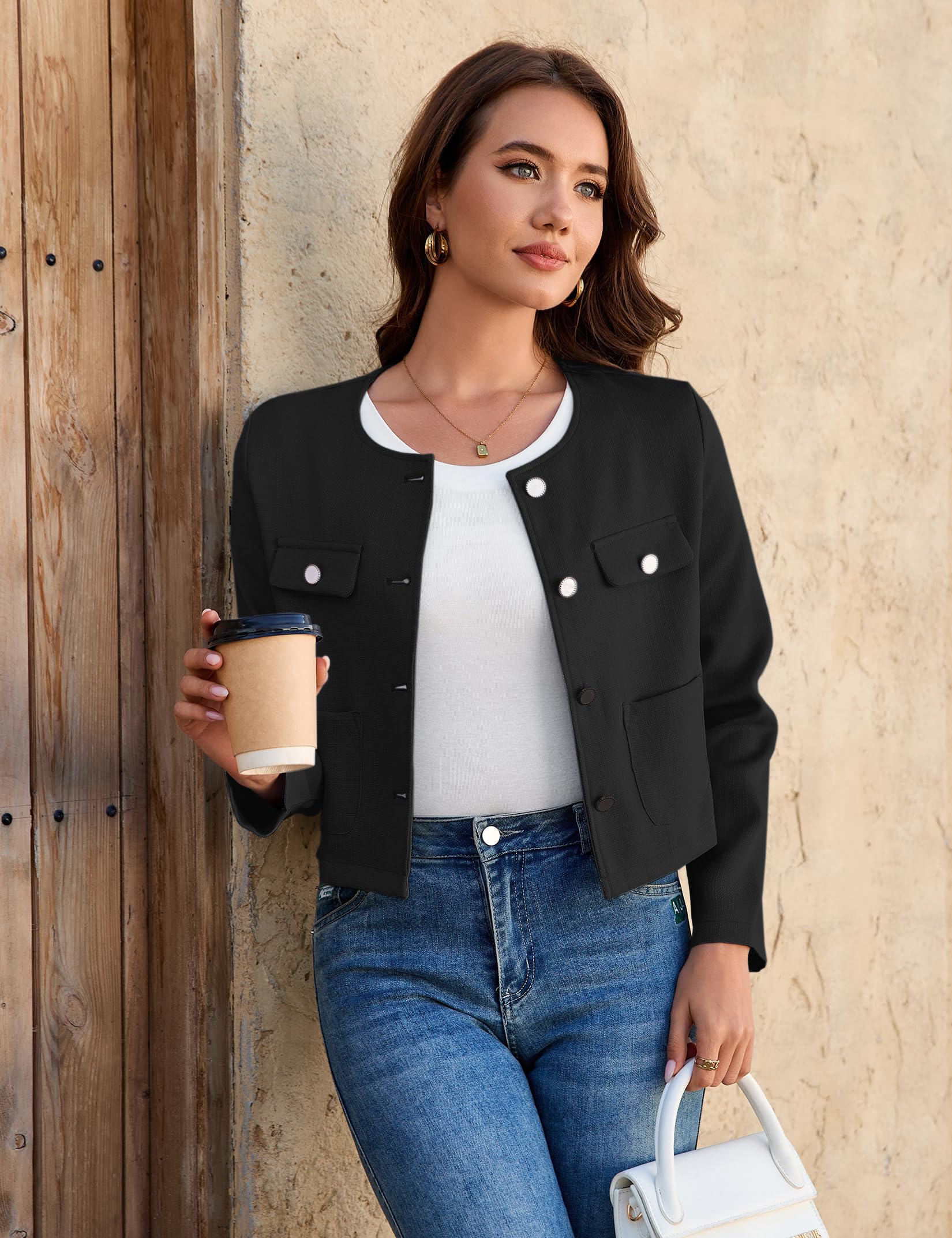 Yesfashion Boléro court à col rond pour femme - Cardigan à manches longues - Boléro festif de mariage pour robe, pantalon