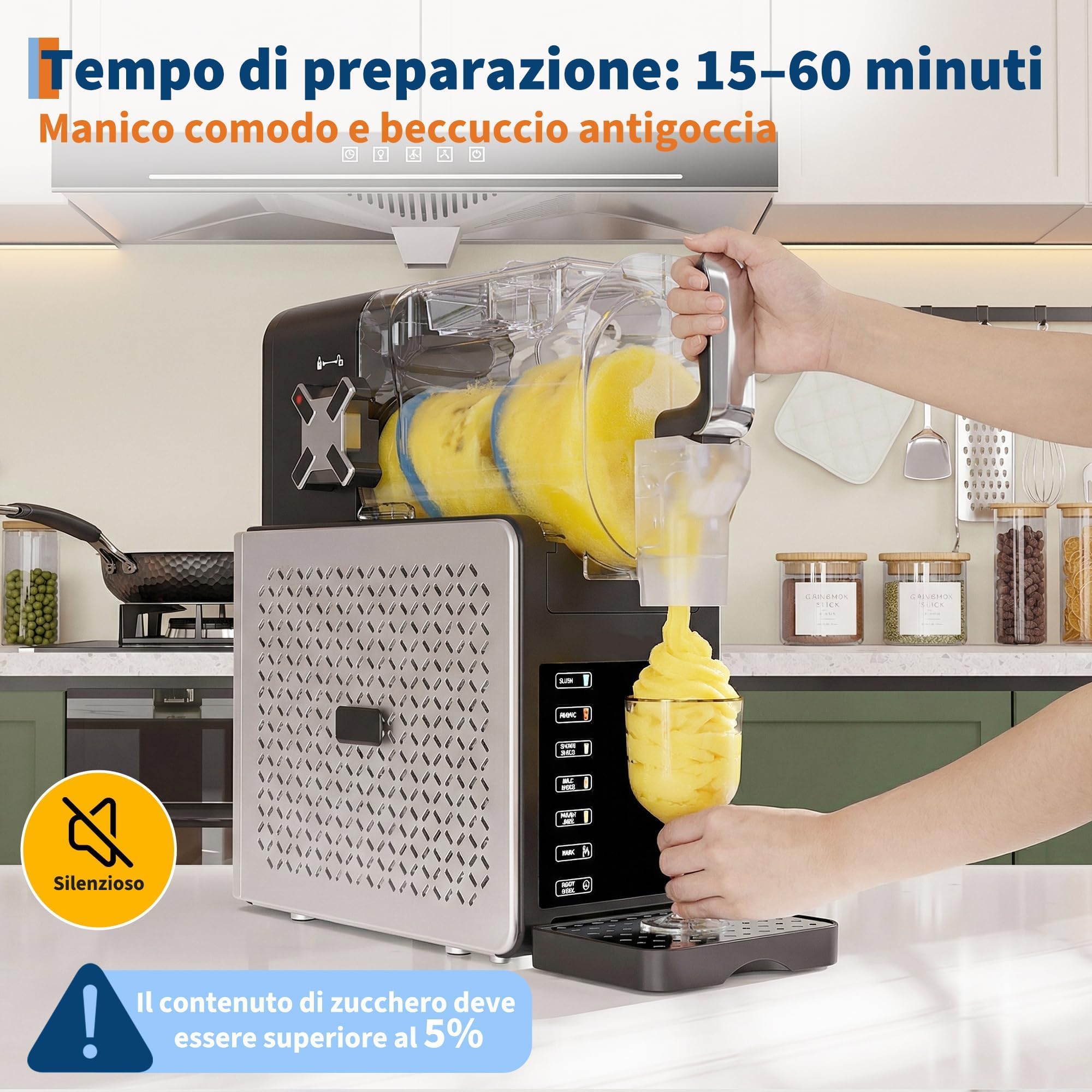 Macchina per Granite 1,9L Macchina per Gelato Soft per Uso Domestico 5 Programmi Preimpostati QuickChill Display LED AutoPulizia Senza Ghiaccio per Bevande Ghiacciate
