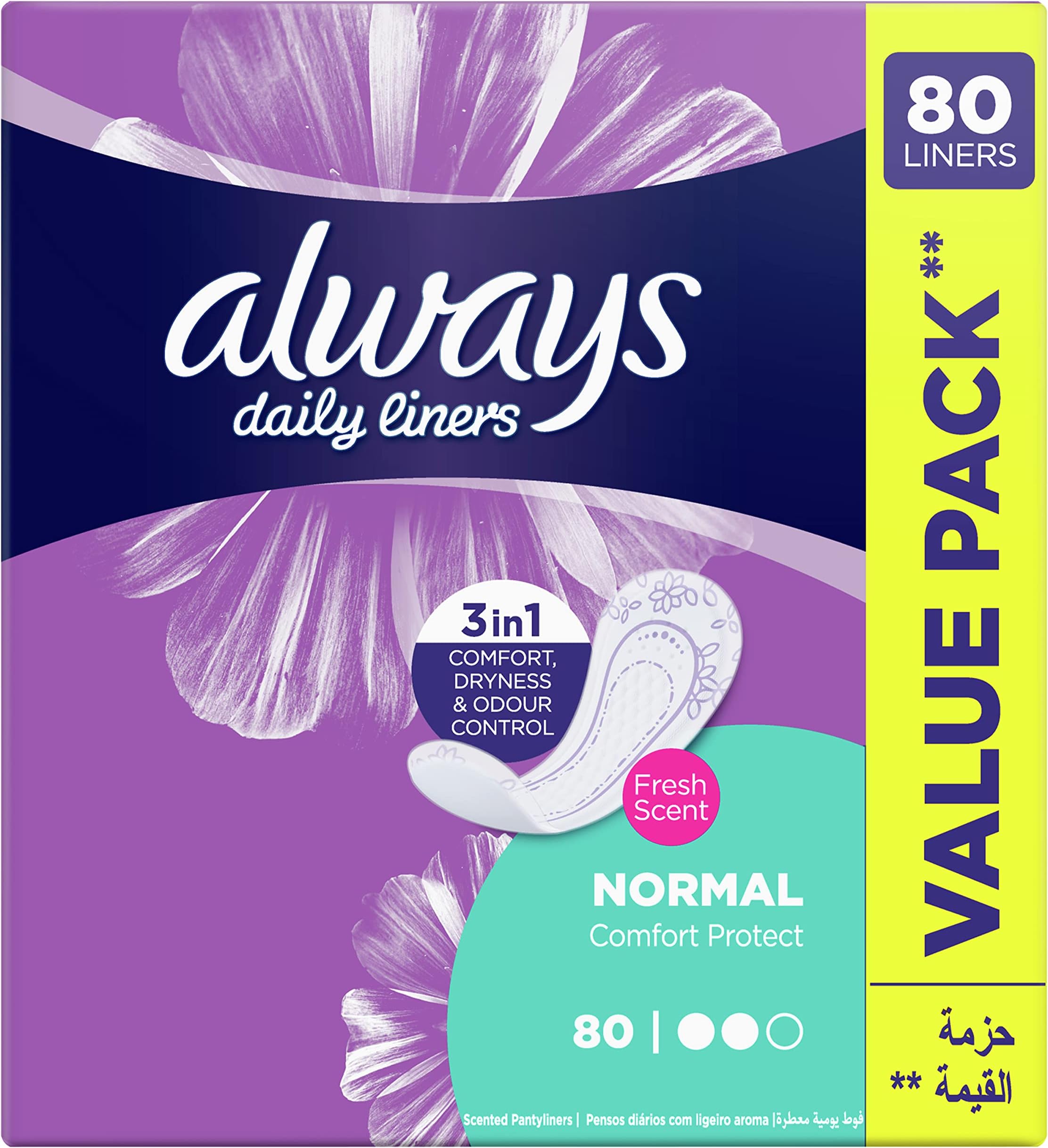 Always Daily Liners Comfort Protect Pantyliners With Fresh Scent, Normal, 80 Count