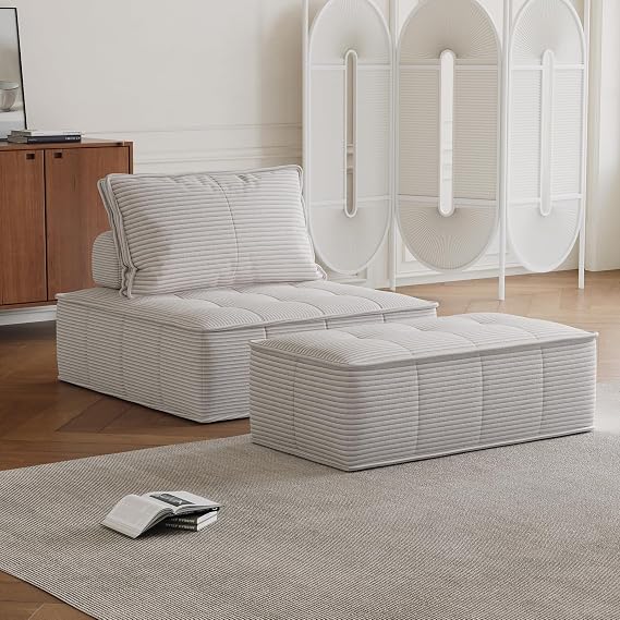 Modular Sofa with 50x100cm Footstool,Corduroy Fabric Sofa Bed,Single Sofa Chairs，Couch for Living Room and Bedroom,White (Sofa with footstool)
