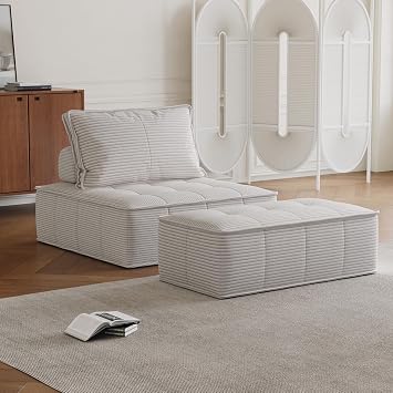 Modular Sofa with 50x100cm Footstool,Corduroy Fabric Sofa Bed,Single Sofa Chairs,Couch for Living Room and Bedroom,White (Sofa with footstool)