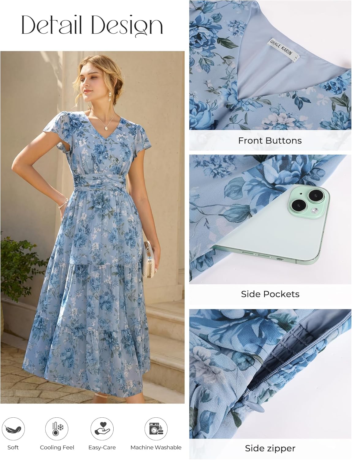 GRACE KARIN 2026 Women Summer Dress,Maxi Short Sleeve Floral Dresses,Semi Formal Flowy Wedding Guest Dress with Pocket
