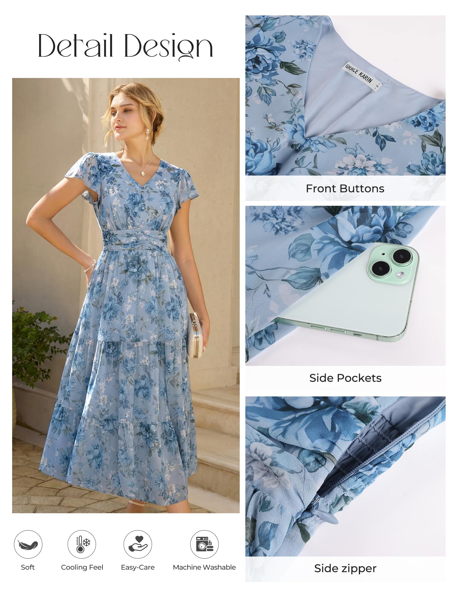 Grace Karin Robe d'été pour Femme, Robe Maxi Florale, Manches Courtes, Robe d'invité de Mariage Fluide Semi-Formelle avec Poche