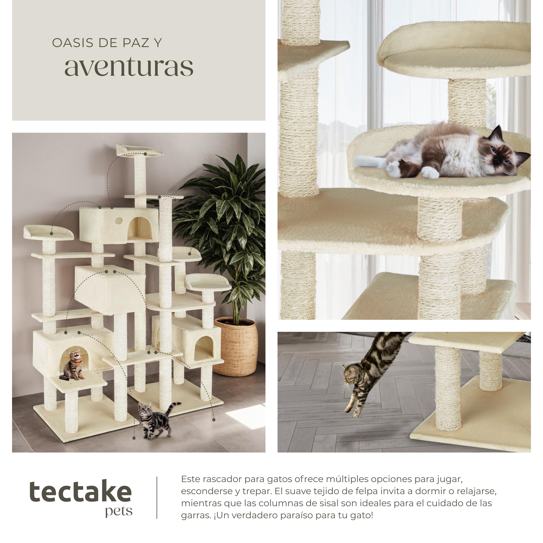 tectake® Albero Tiragraffi per Gatti con 4 Piattaforme, 4 Casette Accoglienti, Tiragraffi Gatto con Diversi Piani di Gioco, 2 Piastre di Base, Colonne in Sisal - Beige