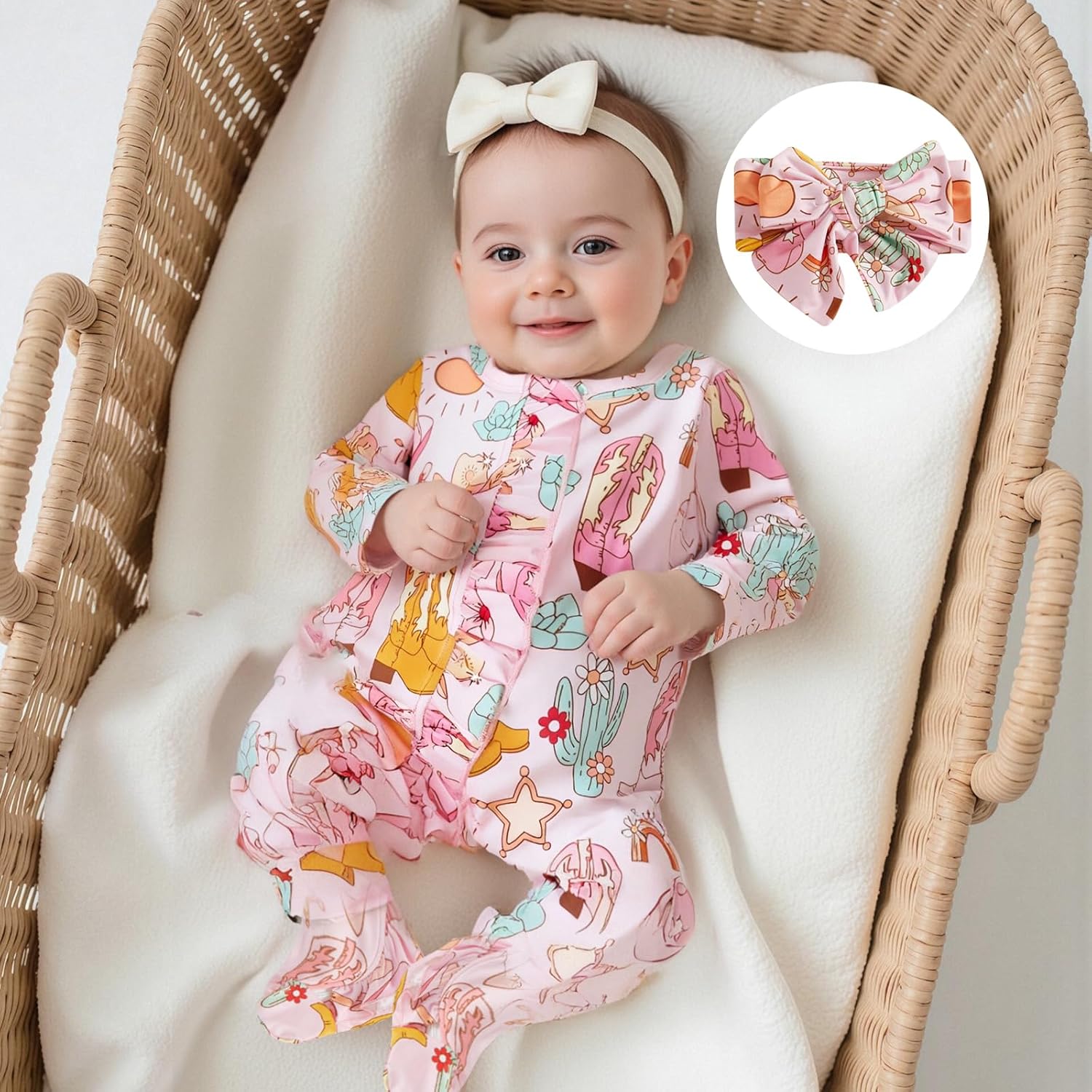 KMBANGI Newborn Baby Girl Western Outfits Ruffle Zipper Boots Footie Jumpsuit Long Sleeve One Piece Cowgirl Clothes 0-12M