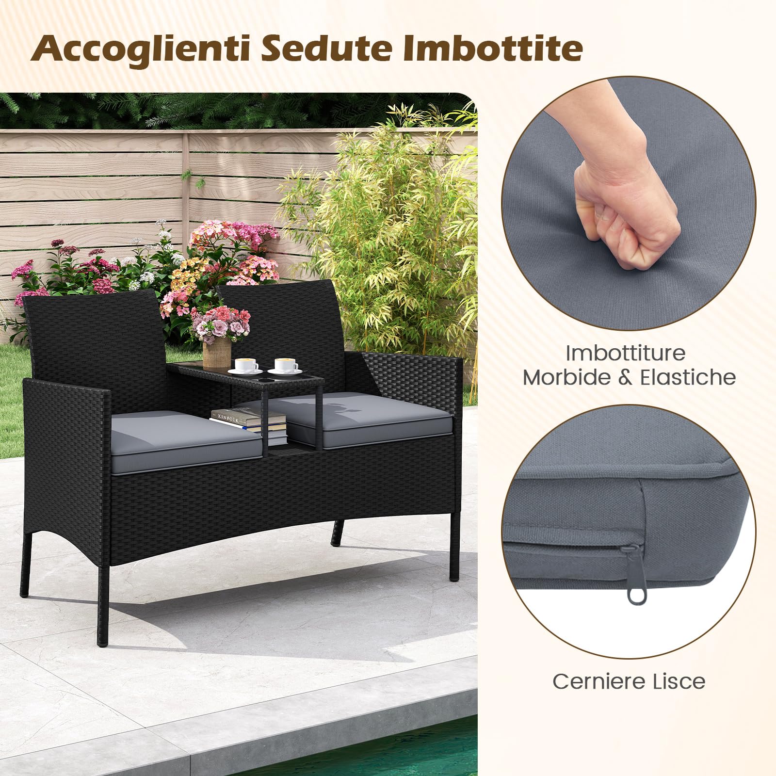 COSTWAY Panchina da Giardino in Rattan PE 62 x 124 x 84 cm, Divano da Esterno con Tavolino in Vetro Temperato e Cuscini Imbottiti, Poltrona con 2 Posti per Balcone, Piscina e Cortile (Grigio)