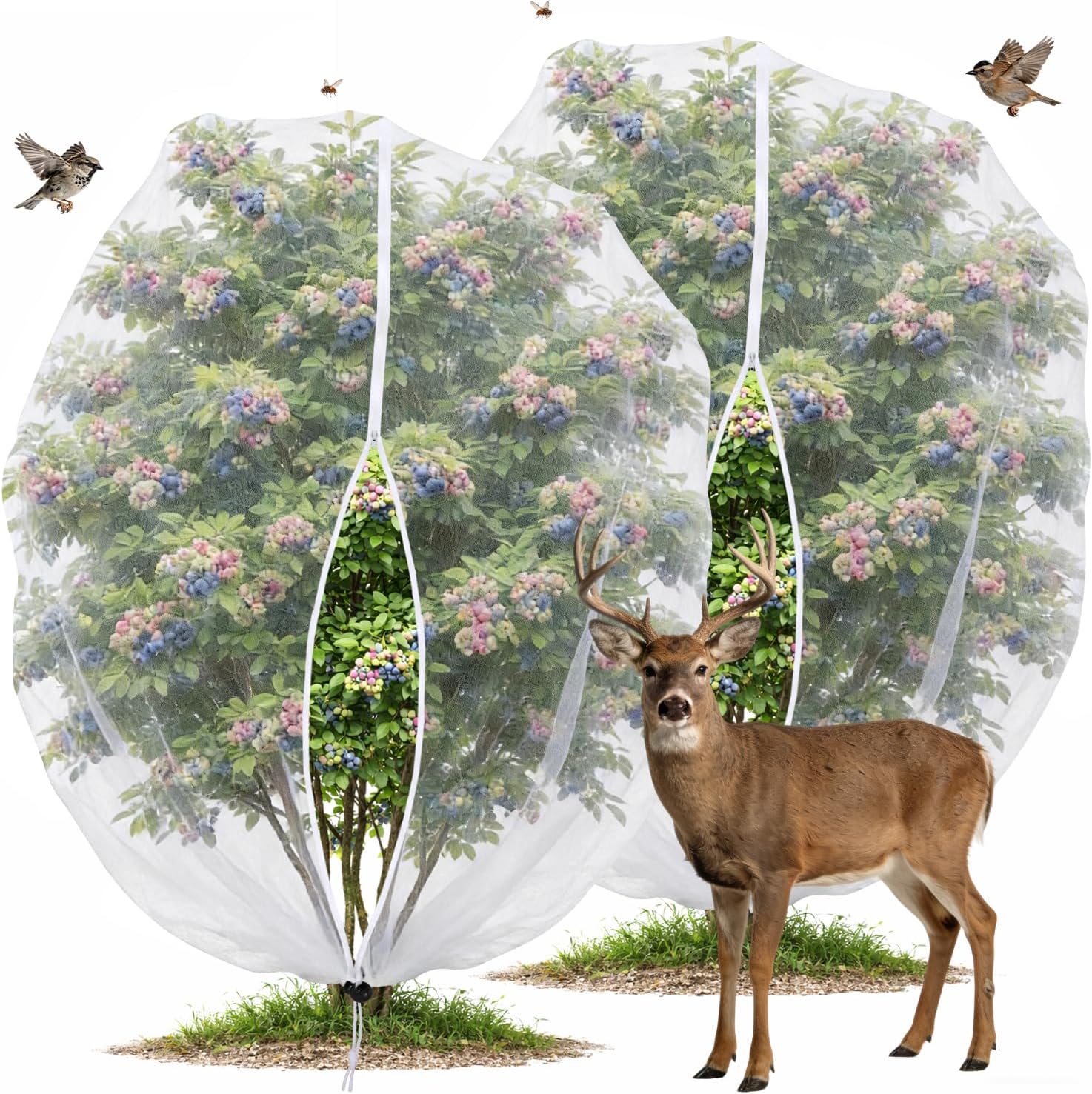 Blueberry Bush Netting Cover 2 Pack 10 x 12 ft, Garden Bird Netting for Rabbiteye Blueberries, Reusable Fruit Tree Netting with Zipper & Drawstring, Protects from Birds, Deer, Insects and Poultry