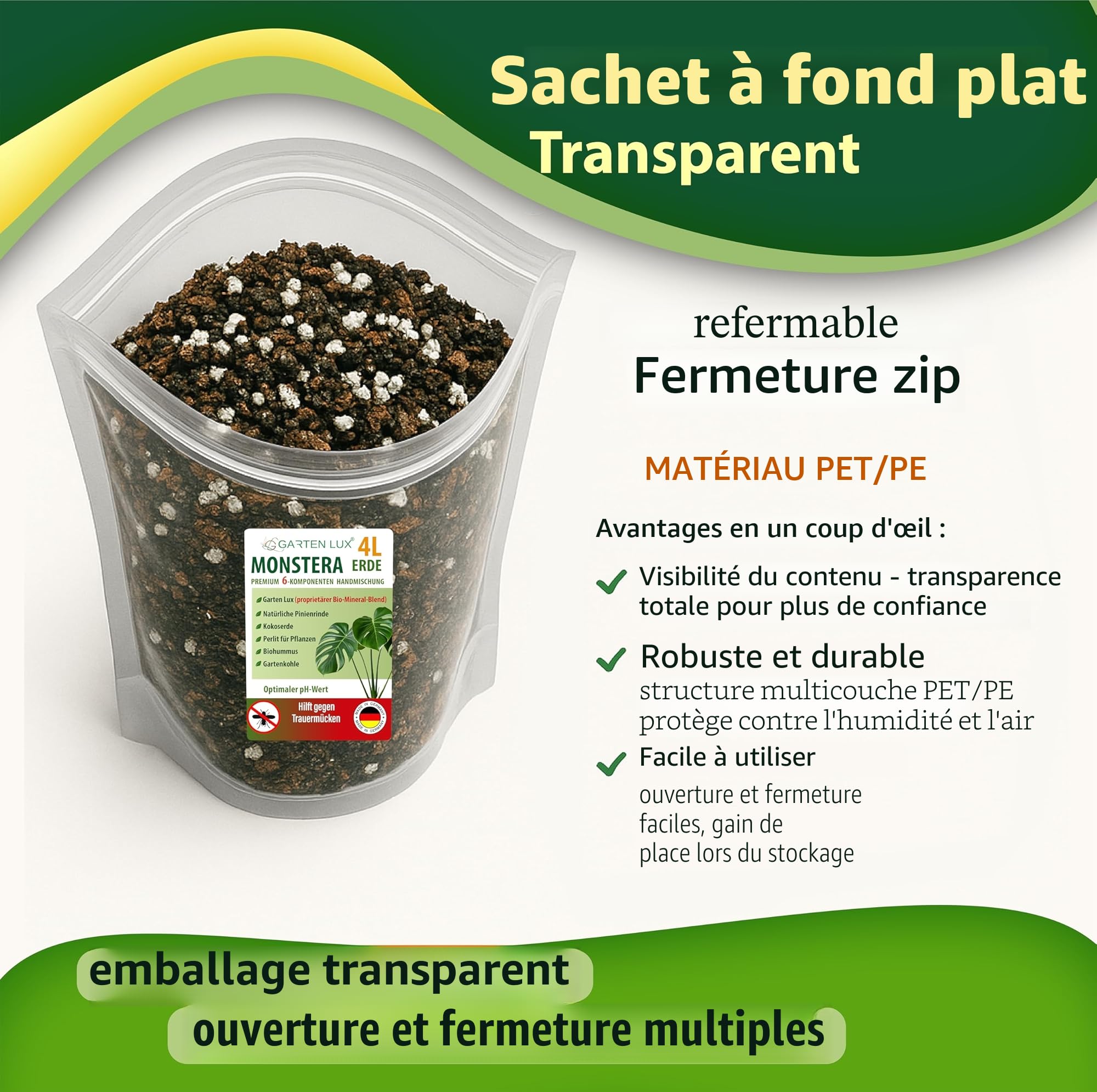 Garten Lux Monstera Terra 4L sans tourbe - 6-en-1 contre les moustiques deuil | substrat aroid | terre de coco, perlite, écorce de pin, biohoumus, charbon de jardin + complexe secret | drainant