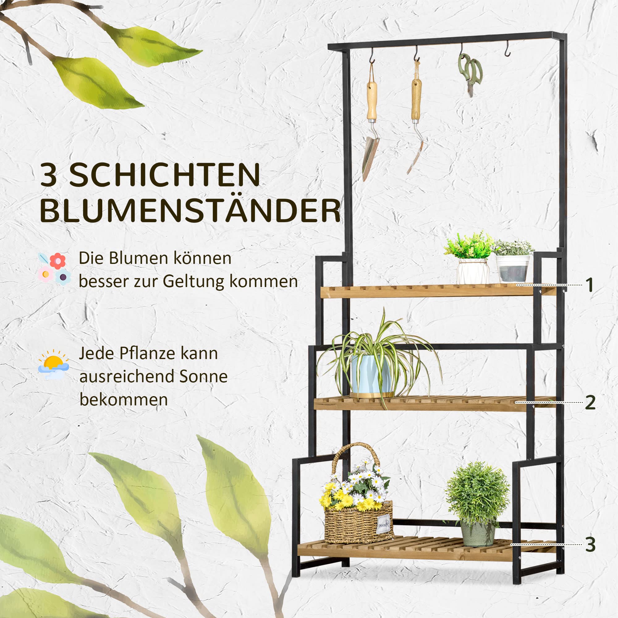 Outsunny 3-Etagen Pflanzenregal aus Metall und Massivholz Schwarz+Natur | Blumentreppe, Pflanzenständer, mit Befestigungshaken, für den Garten