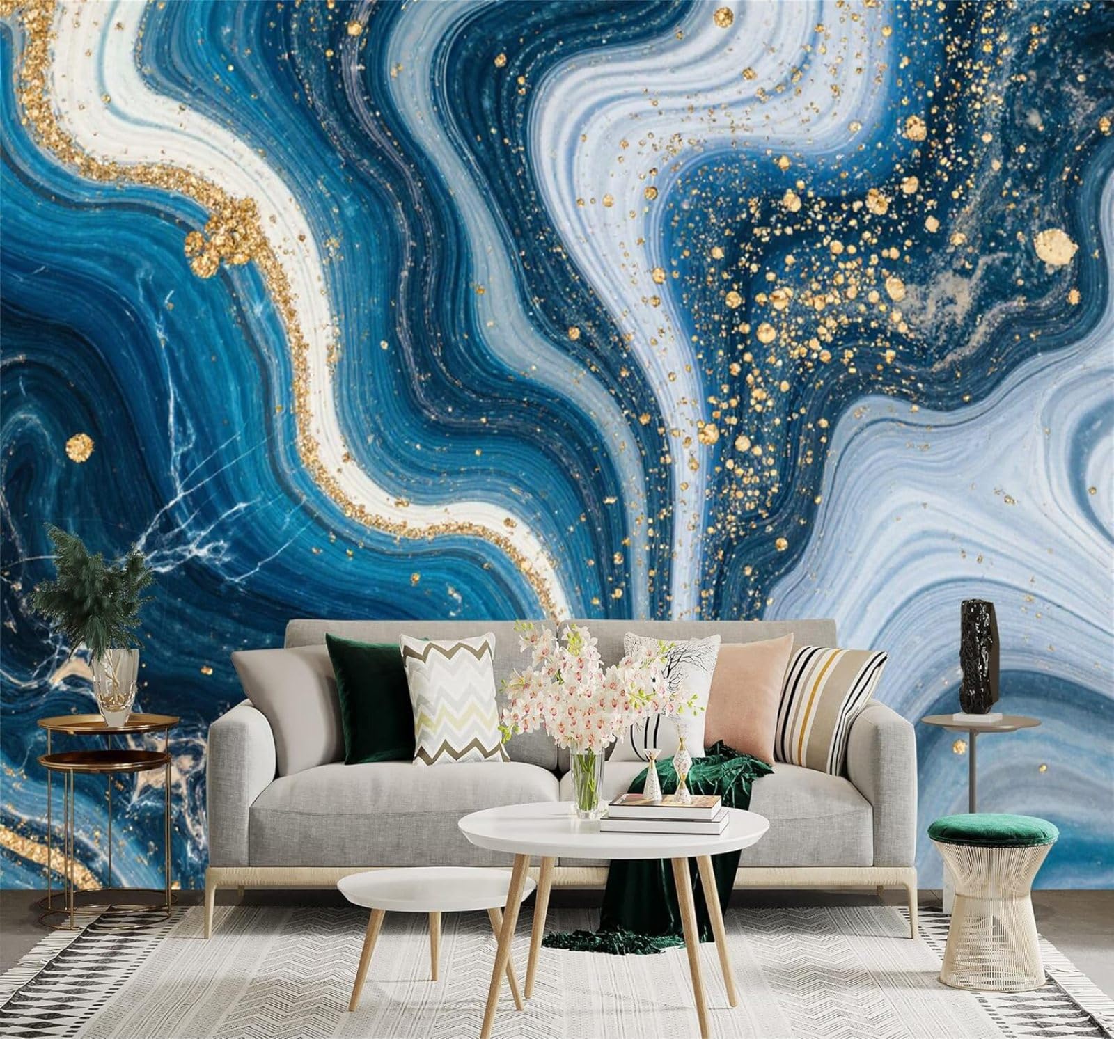 Tzxztt 400Cm×280Cm(B×H) Abstract Blue And Gold Marble Texture Art Liquid Waves Modern 3D Wallpaper Premium Textured Silk Neutral Tones Material Ideal For Living Room Bedroom-400Cm×280Cm