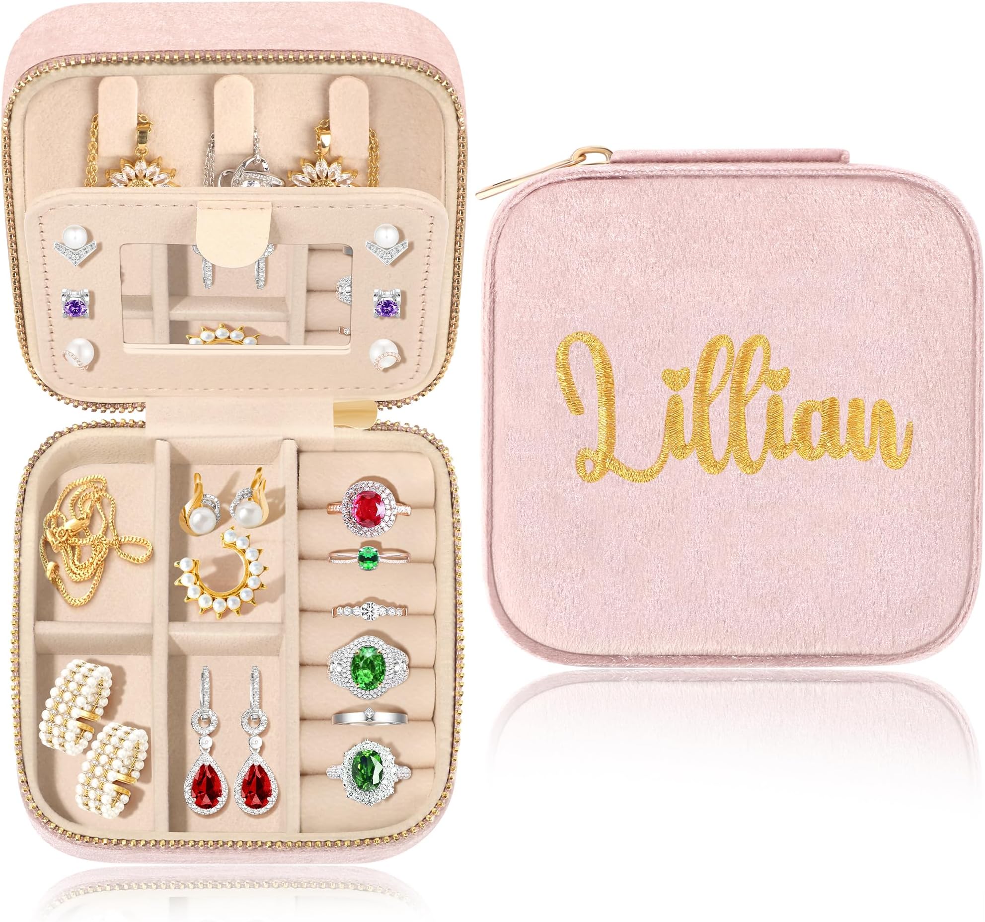 JSTUMBJSTUMB Lillian Personalized Gifts For Girls Name Jewelry Organizer Bridesmaid Bride Gifts For Wedding Day Birthday Gifts For Women Mini Jewelry Travel Case Womens Birthday Gifts
