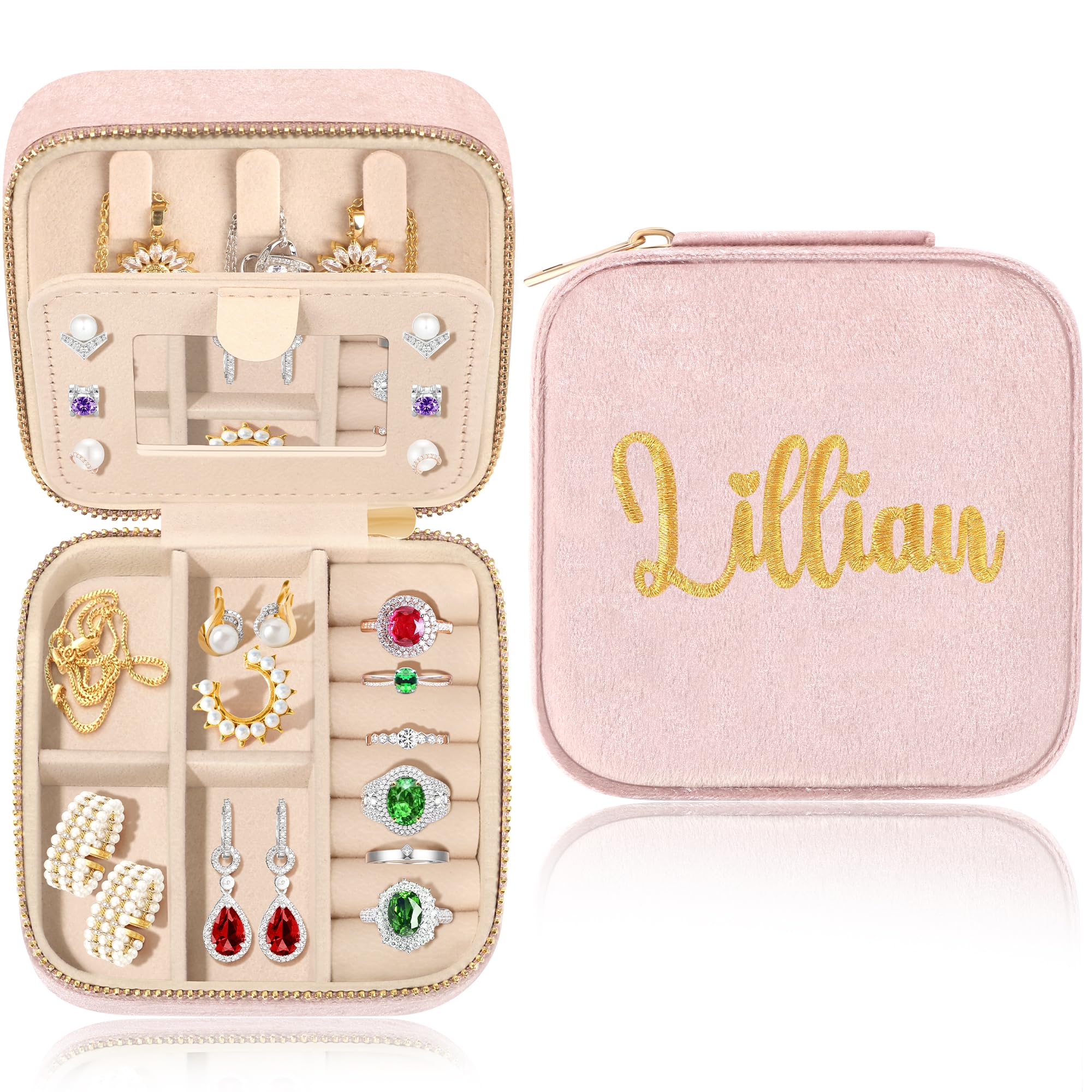 JSTUMBJSTUMB Lillian Personalized Gifts For Girls Name Jewelry Organizer Bridesmaid Bride Gifts For Wedding Day Birthday Gifts For Women Mini Jewelry Travel Case Womens Birthday Gifts