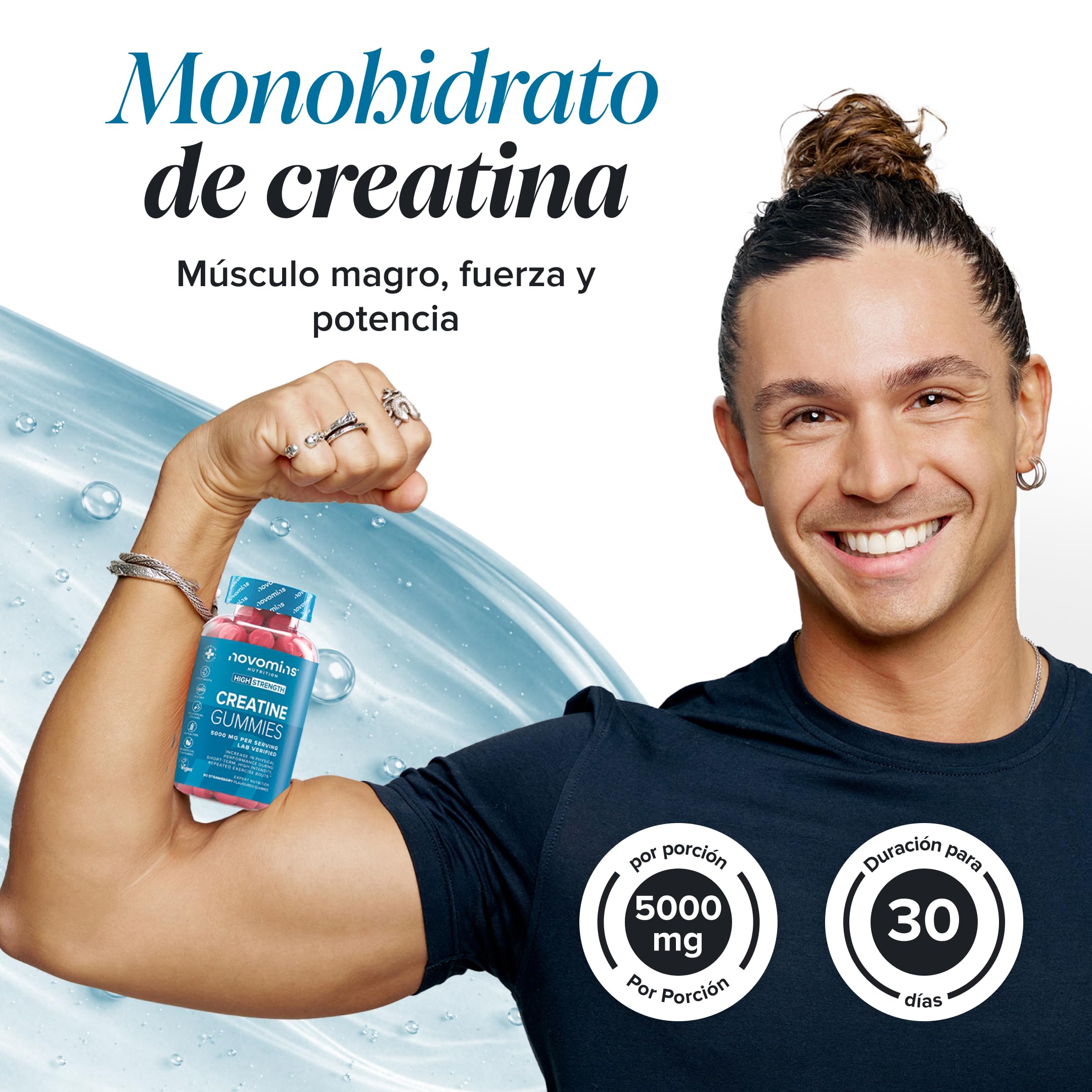 Creatina Gominolas – 5000 mg de Creatina Monohidratada por Porción – Alternativa a las Creatine Monohydrate Capsulas y Polvo – Para el Rendimiento Fisico y el Pre Workout – 90 Gominolas – Novomins