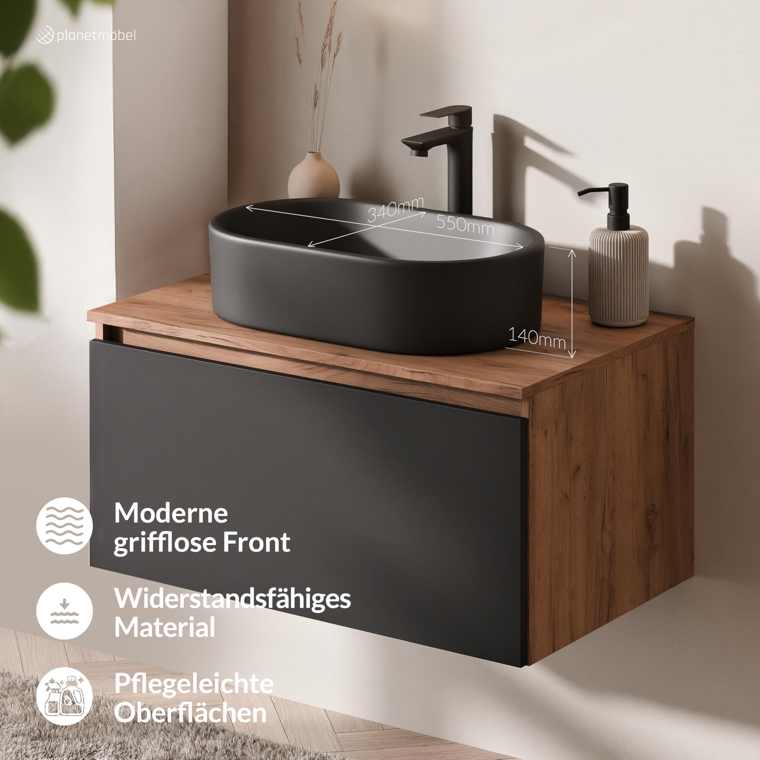 Planetmöbel Arisa Badmöbel Set Waschtisch mit Unterschrank 80 cm Gold Eiche schwarz mit LED Spiegel, Waschbecken 55 cm schwarz, inkl. Raumsparsiphon