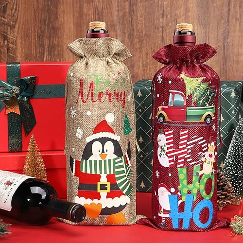Miniatura 6 de 12 bolsas de vino de arpillera, bolsas de regalo de vino de Navidad para botellas de vino, bolsas de botellas de vino de Navidad con cordón, bolsas