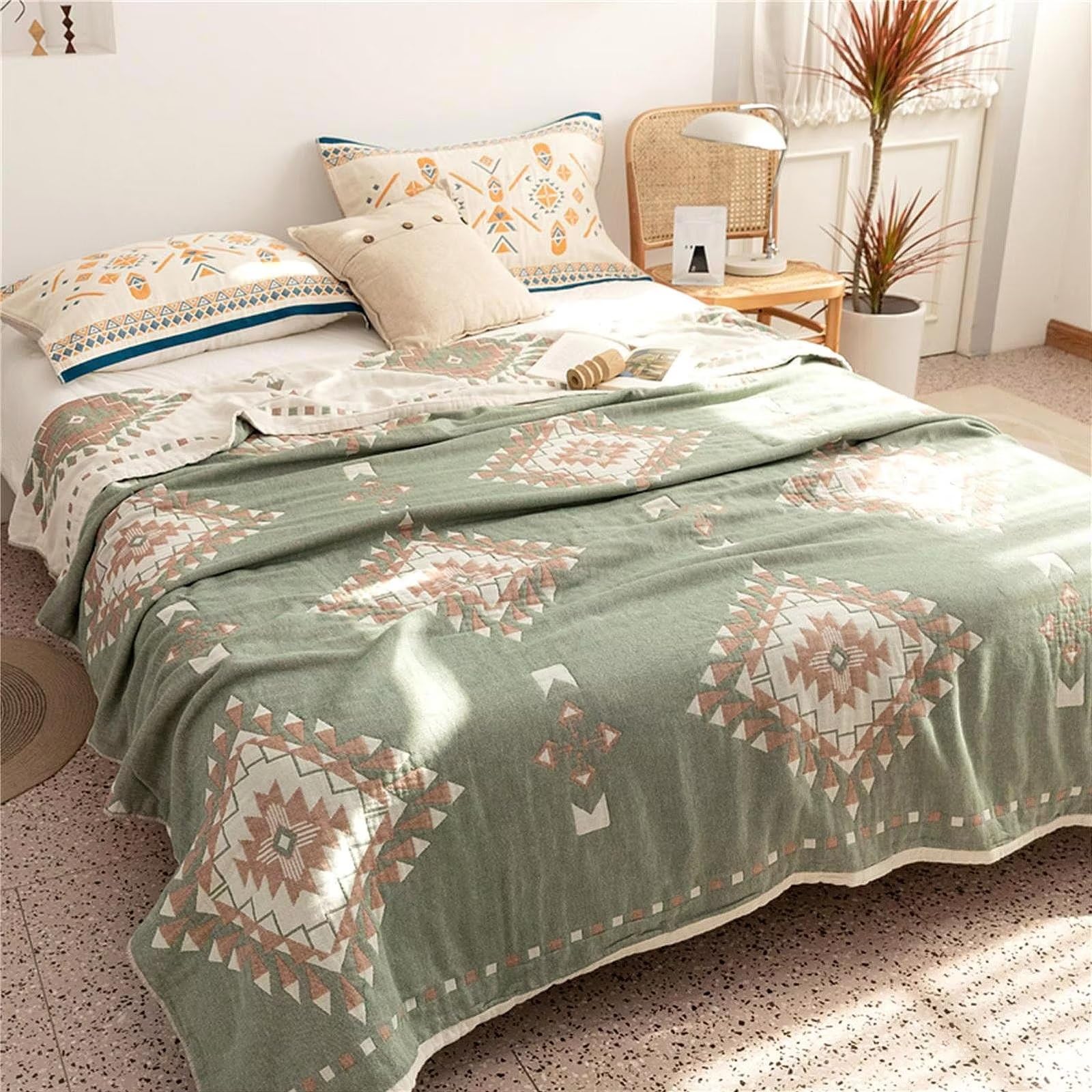 Boho Tagesdecke Doppelseitig Decken 100% Baumwolle Gewebte Decke 200x230cm, Musselin Überwurf Beige Kuschelig Weiche Bettüberwurf TV-Couchdecke Sesseldecke Wendedecke Baumwolldecke Kuscheldecke