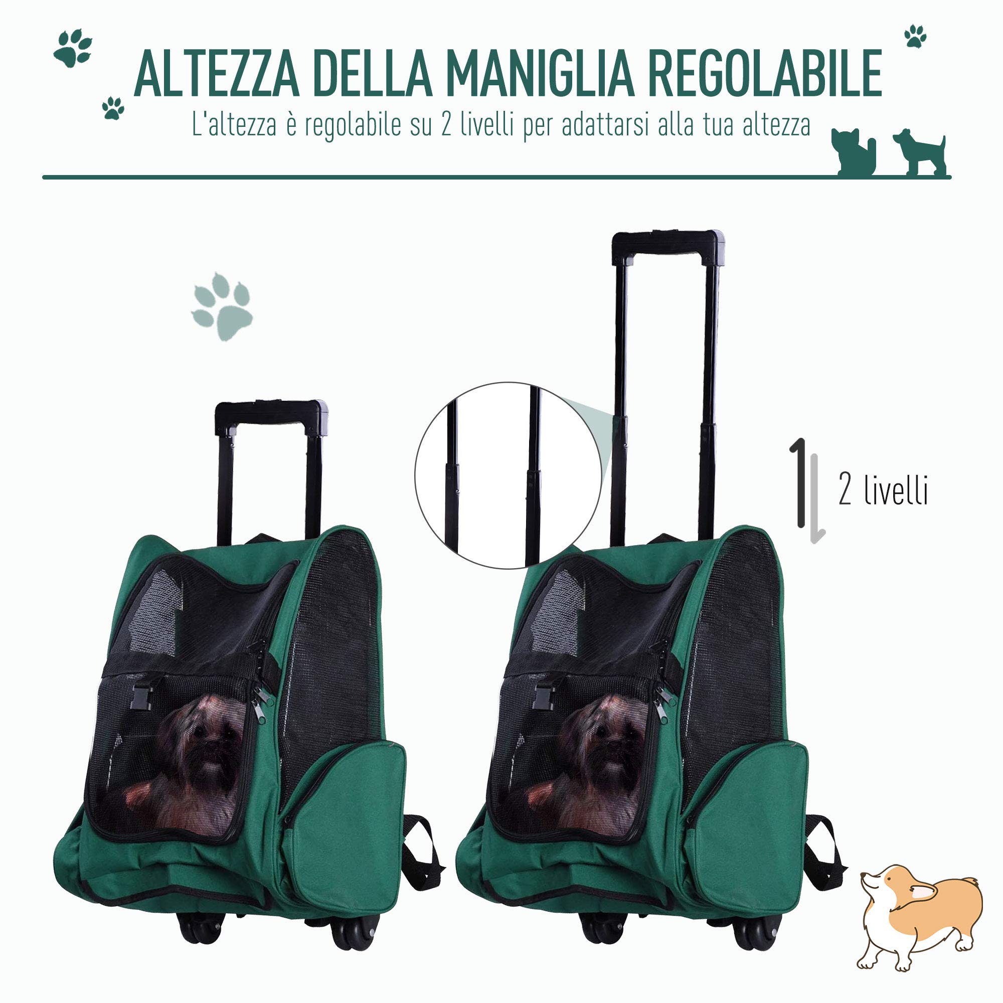 PawHut Trasportino Zaino 2 in 1 per Cani e Gatti 42x25x55cm Verde con Tasche Laterali e Ruote