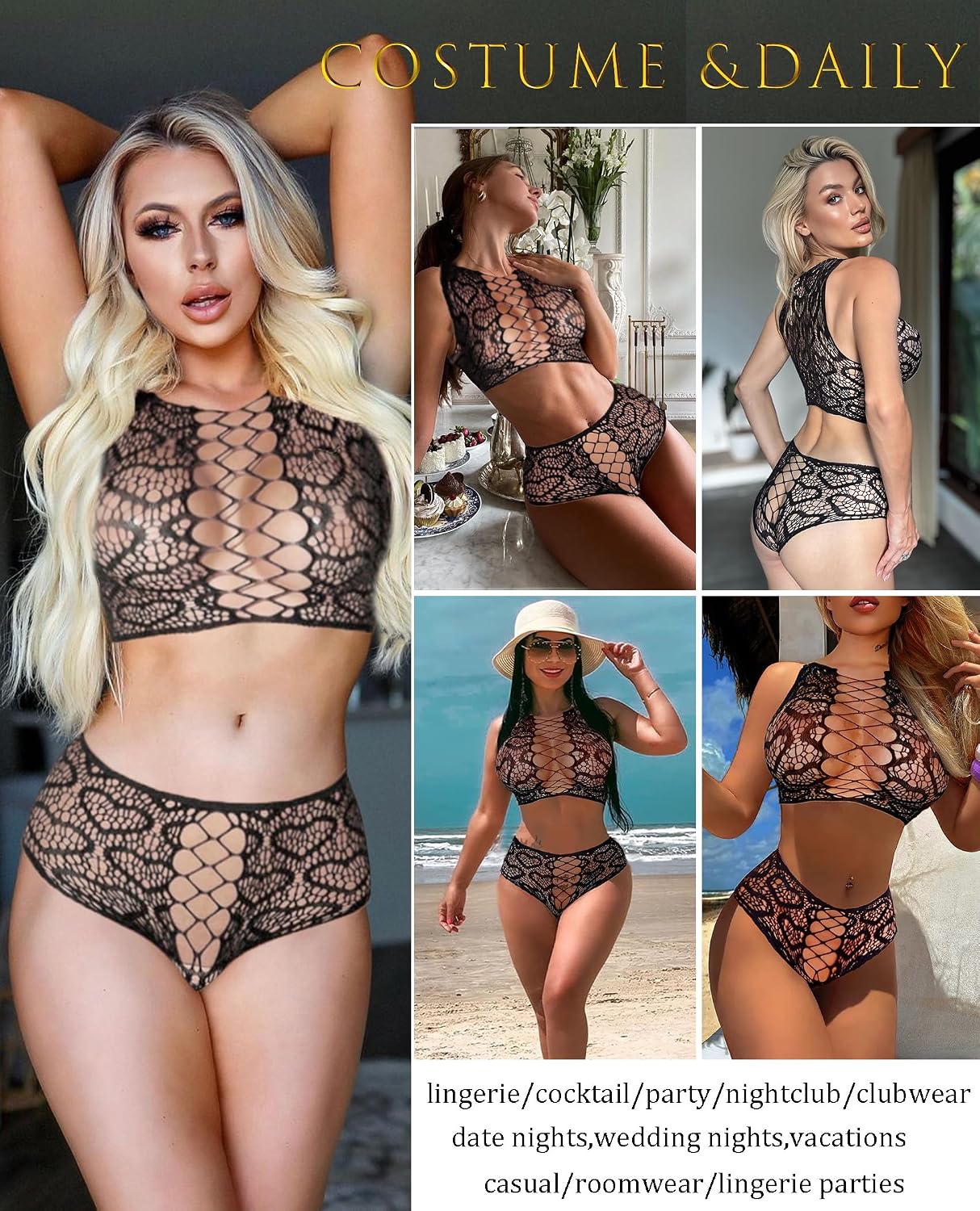 Avidlove Womens Fishnet Lingerie Set Sexy Two Piece Lingeries Hollow Out Stripper Outfit Heart Print Mesh Crop Tops