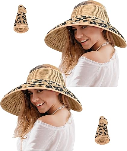 Sombrero de paja con protección UV, visera de playa, sombrero de ala ancha, estampado de leopardo, enrollable, plegable para mujer