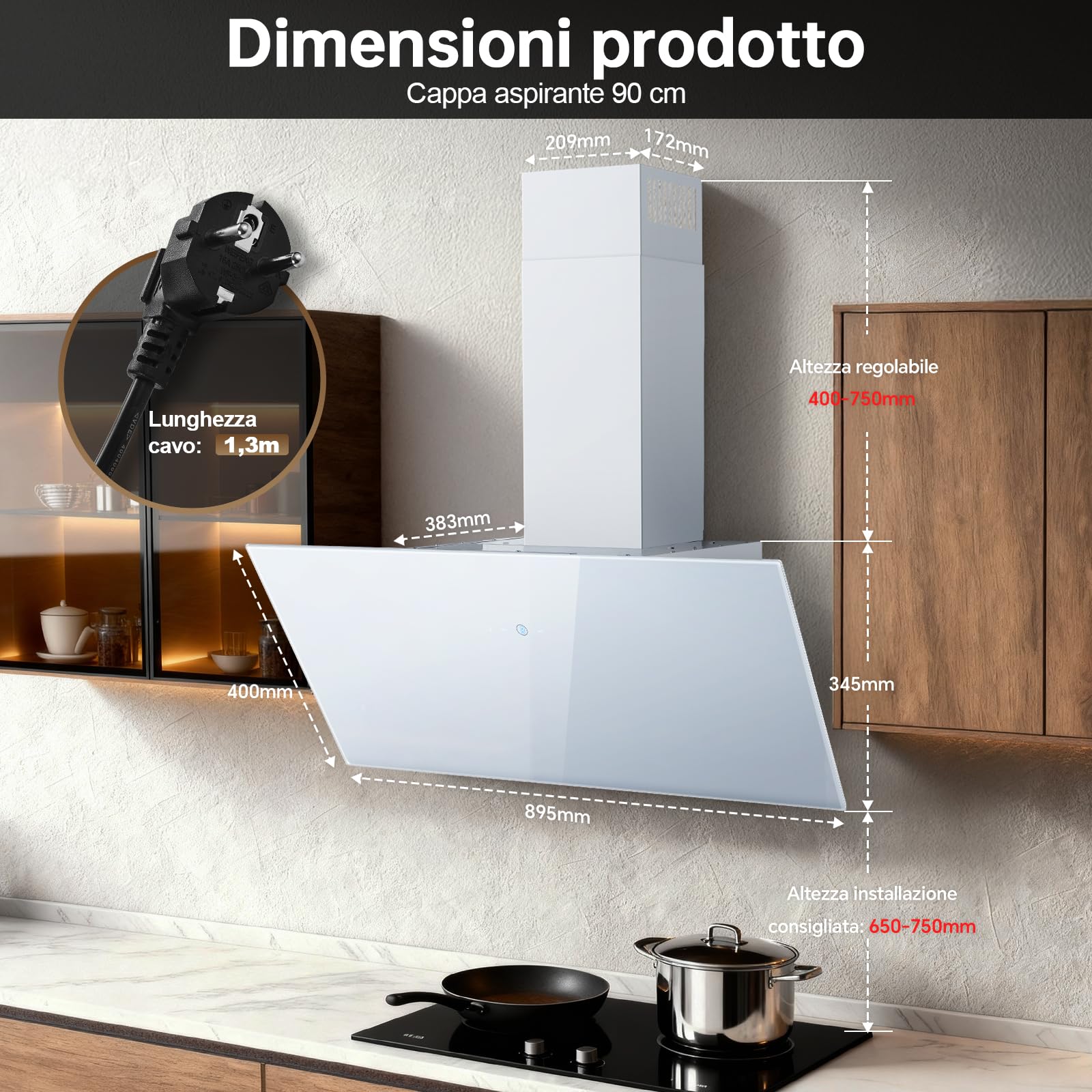 Cappa Aspirante 90cm Bianco 700 m³/h 3 Livelli Pannello Touch LED Efficienza A++