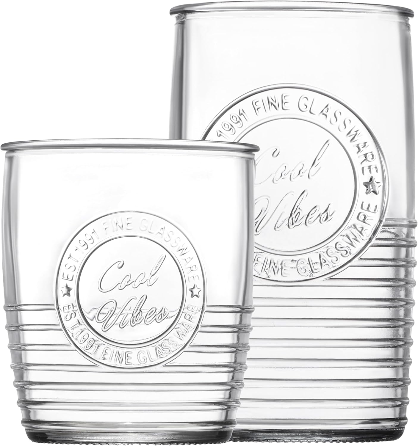 Le'raze Set of 8 Original Mason Drinking Glasses 4-18oz. Highball Tumbler Glasses, and 4-13oz. Whiskey Glass Cups for Everyday Home Use, Water, Beer, Juice, Cocktail.