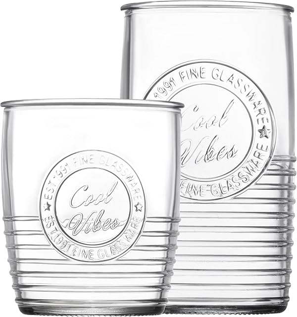 Le'raze Ensemble de 8 Verres à boire Mason originaux 4-18oz. Verres à tumbler à haute boule, et 4-13oz. Coupes en verre de whisky pour usage quotidien à la maison, eau, bière, jus, cocktail.