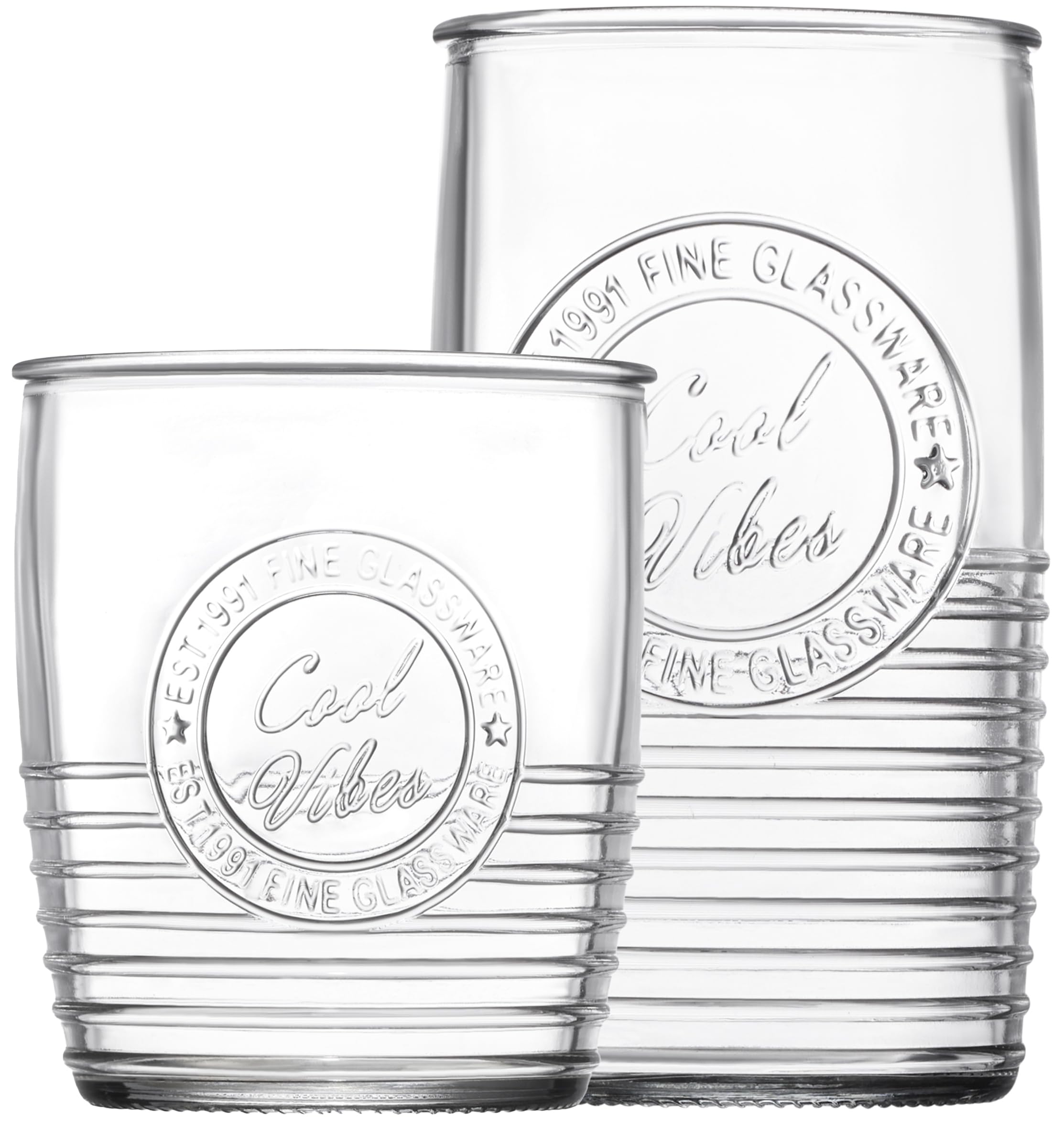 Le'raze Set of 8 Original Mason Drinking Glasses 4-18oz. Highball Tumbler Glasses, and 4-13oz. Whiskey Glass Cups for Everyday Home Use, Water, Beer, Juice, Cocktail.