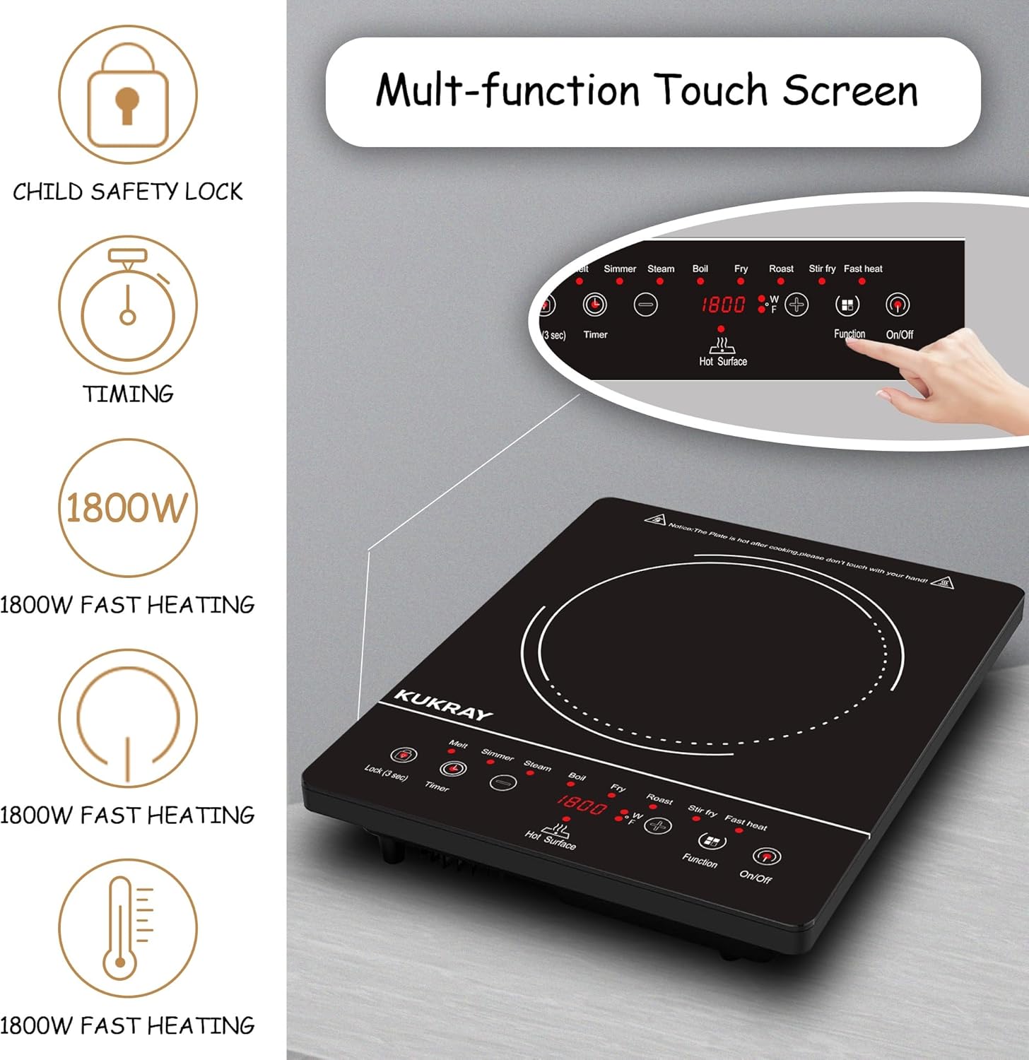 1800W Electric Countertop Burner, Portable Electric Cooktop Stove, Ceramic Hot Plate, Microcrystalline Glass Panel, 9 Power Levels, Timer, Child Lock, Overheat Protection, 110V