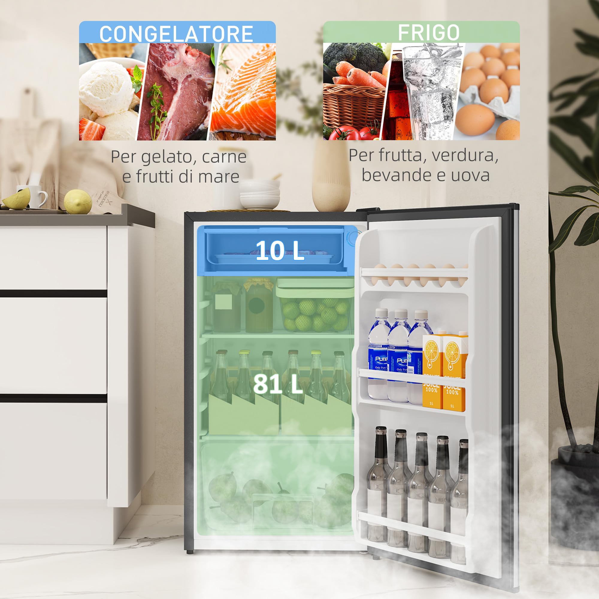 HOMCOM Frigorifero Piccolo 91L MonoPorta Reversibile con Congelatore, Mini Frigo da Camera Tavolo Silenzioso Classe E Compatto con Temperatura Regolabile 0-10 ℃, Libera Installazione, Nero