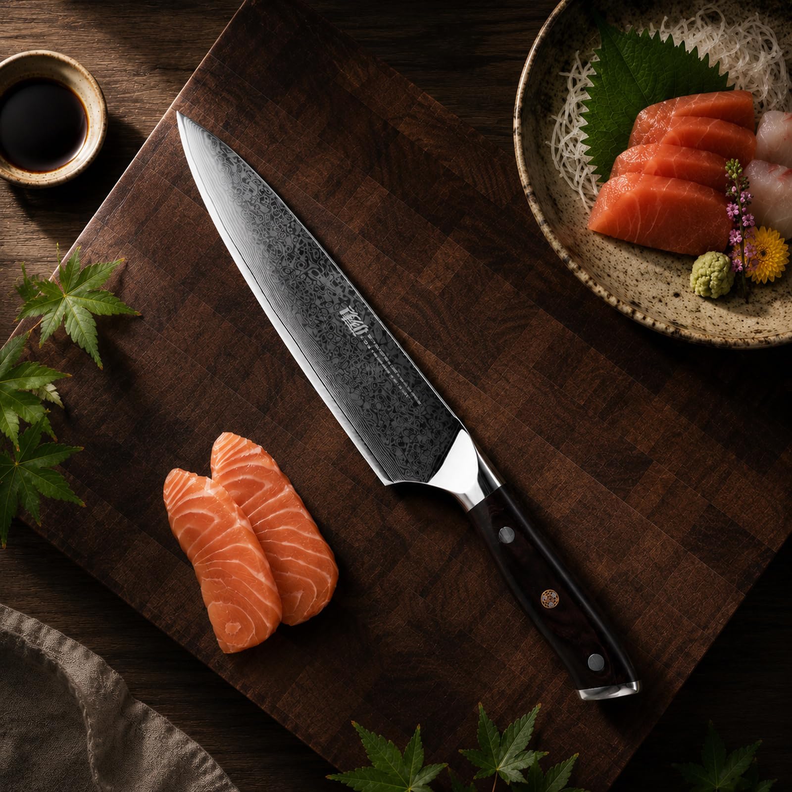 FINDKING Cuchillo Chef Damasco 20 cm, Mango Ébano, Profesional Premium