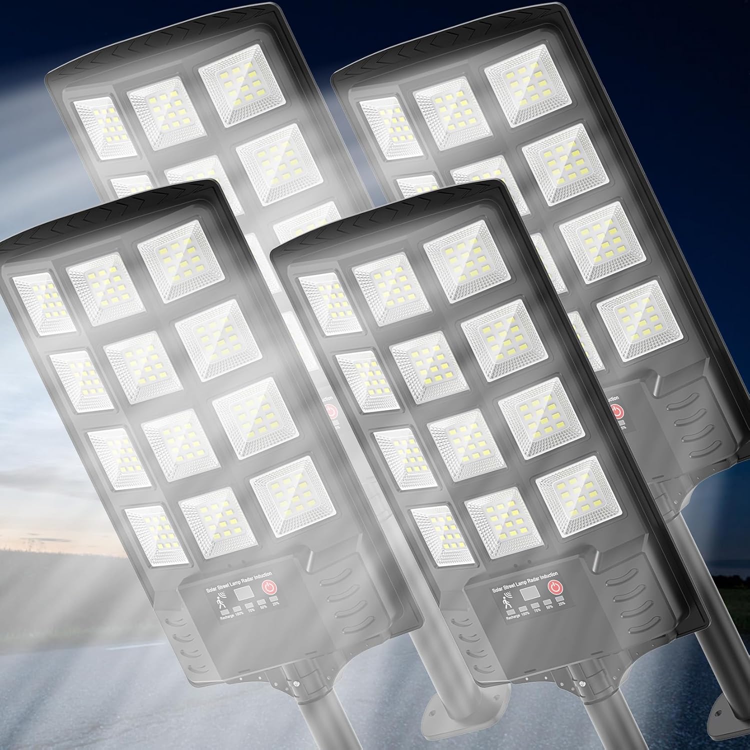 Solar Street Lights Outdoor Waterproof, 1900W 320° Wide Angle Solar Flood Light, LED Solar Parking Light with Motion Sensor and Remote Control, Suitable for Street, Parking lot-4PACK