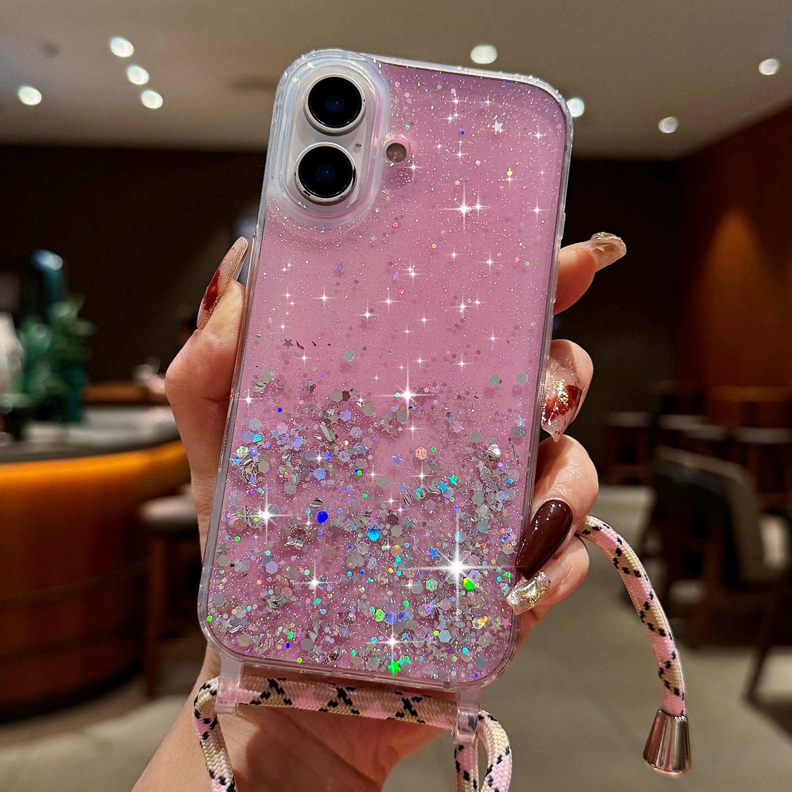 Hülle Für IPhone 16 Mit Kette – Cute Design Mit Schleifen, Perlen Und Glitzer (TPU, Für 6,1 Zoll)