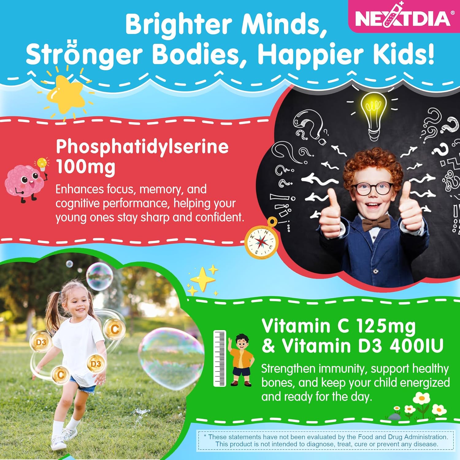 Phosphatidylserine Supplement 100mg, Focus Gummies for Kids Teens + Vitamin C & D3 400IU, Sugar Free Kids Brain Gummies Increase Attention & Concentration, Chewable, Vegan, Gluten Free, Non-GMO 2 Pack - Image 5