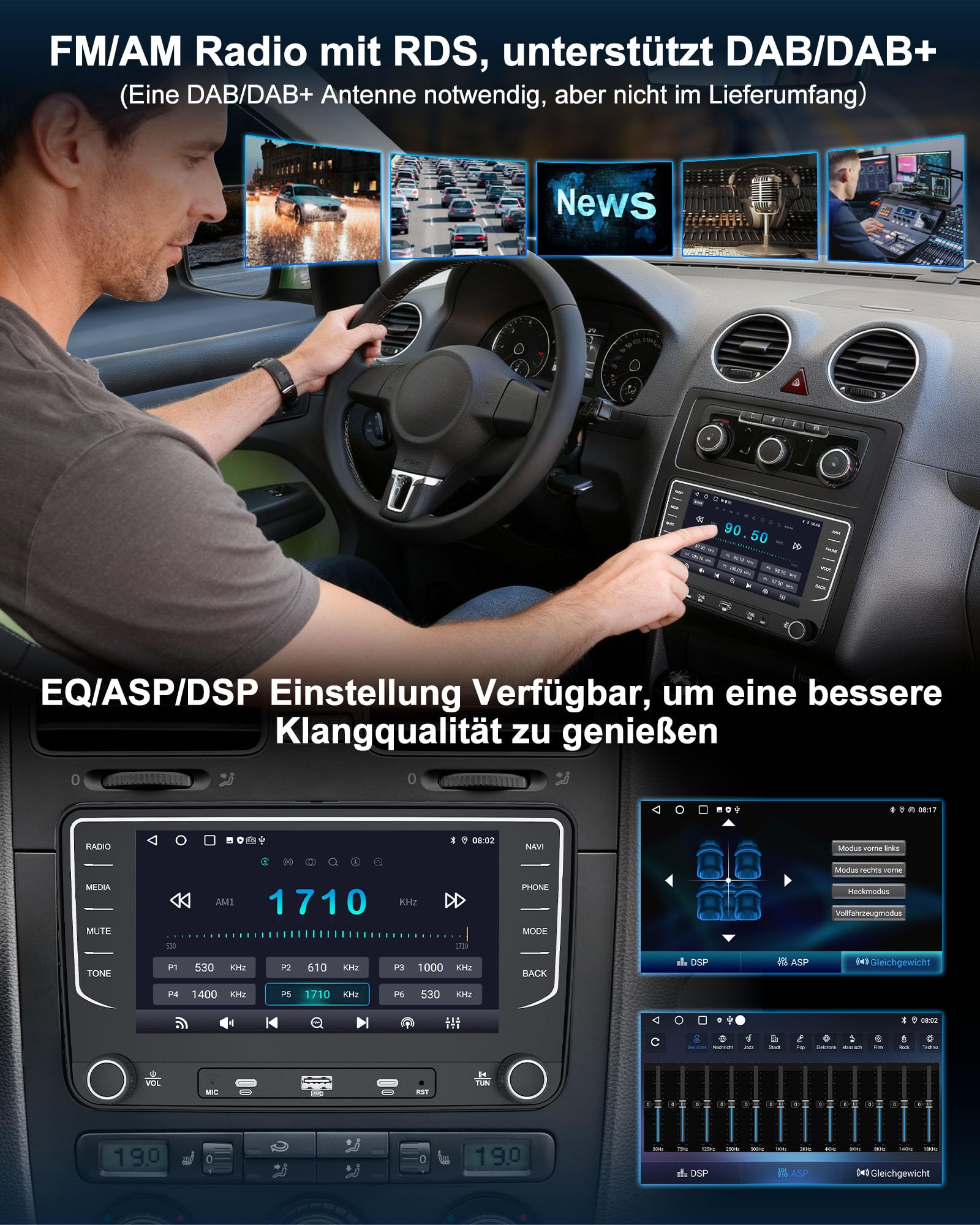 Autoradio mit Bildschirm Bluetooth 2+64GB für VW Golf 5 6 T5 Polo 6R Passat Caddy Seat Skoda, 2DIN 7 Zoll Auto Radio mit Navi DAB WLAN FM/AM, Apple Carplay, Android Auto, Lenkradsteuerung, Android 14