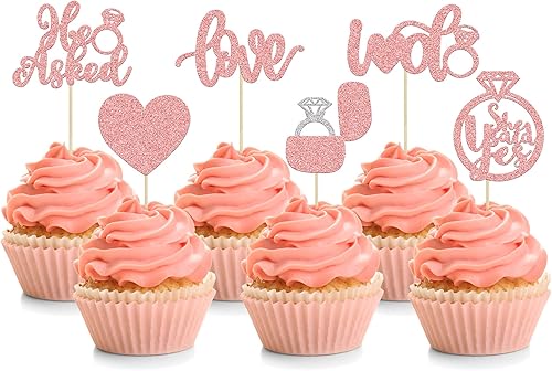 Miniatura 8 de 24 adornos para cupcakes con purpurina negra con texto en inglés He Asked She Said Yes, Love I Do, anillo de corazón, para despedida de soltera,