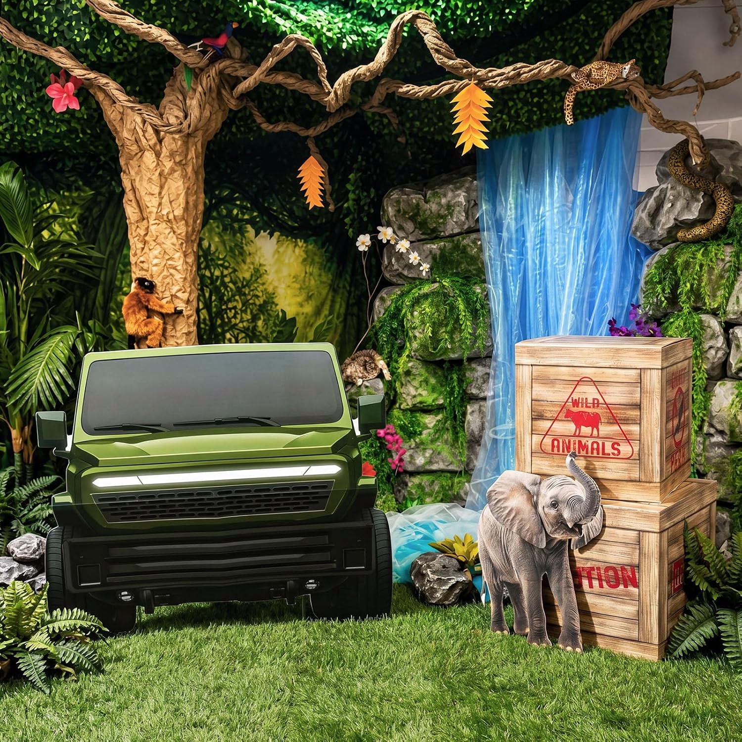 Tinlade Jungle Safari Party Decorations 12 Inch Safari Theme Boxes with Large Adventure Truck Cardboard Cutout Wild Animal Cardboard Cutouts for Jungle Birthday Party Baby Shower Favors