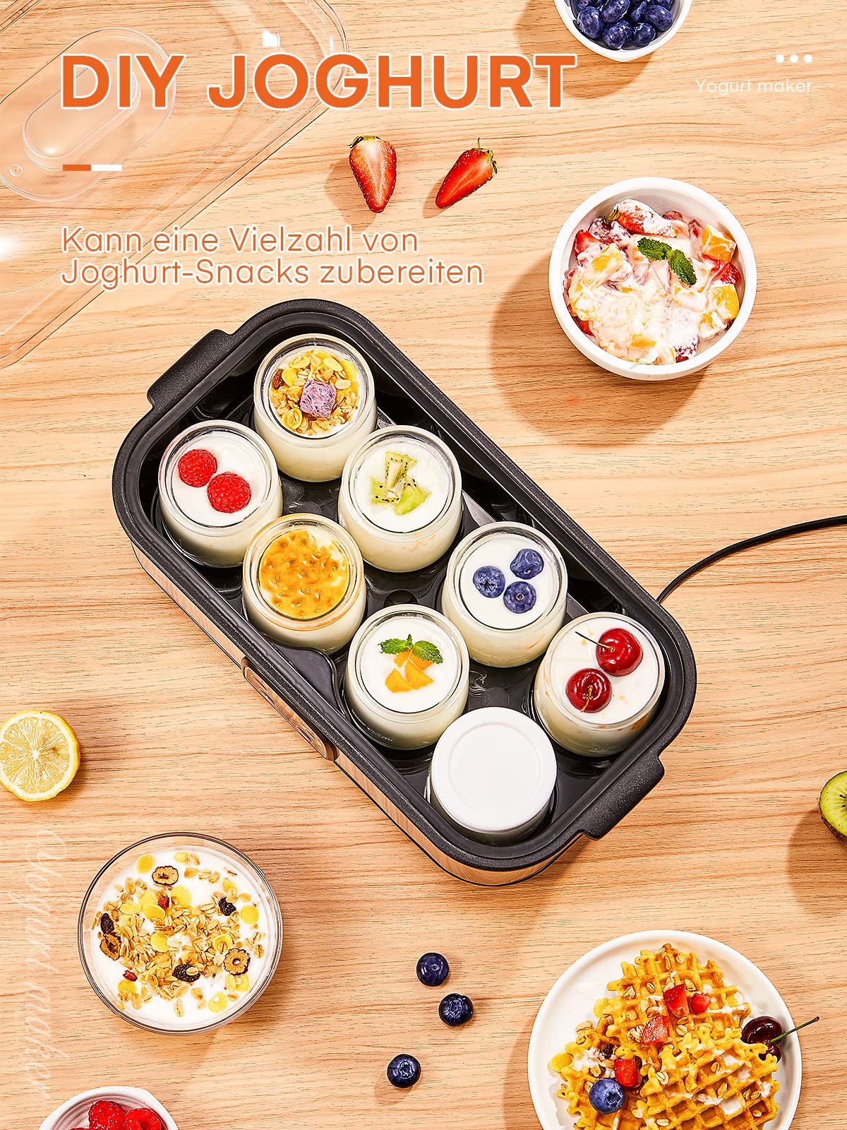 Joghurtbereiter, Griechische Joghurtmaschine mit 8 Gläsern/Deckeln, One-Touch-Display: Perfekt für organische, gesüßte, aromatisierte, einfache oder zuckerfreie Optionen für Babys, Kinder und Parfaits