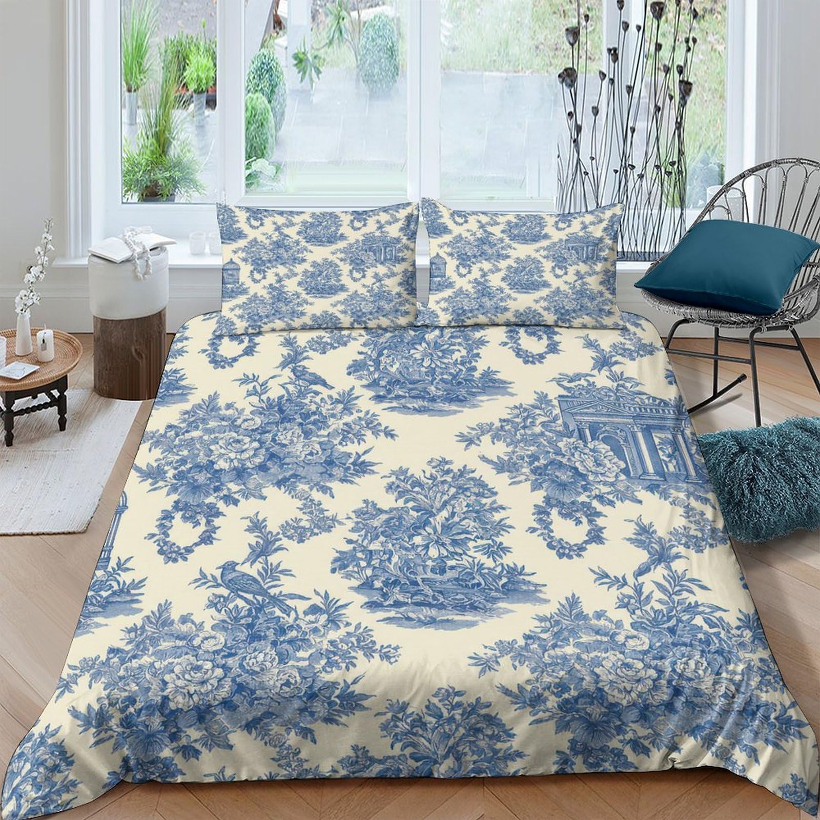 Ctjqhvkz Style-6 3D Printed Vintage Floral Fitted Sheet Microfiber Soft Blue Toile Mattress Cover For Bedroom Guest Room Decor Single（135X200cm）