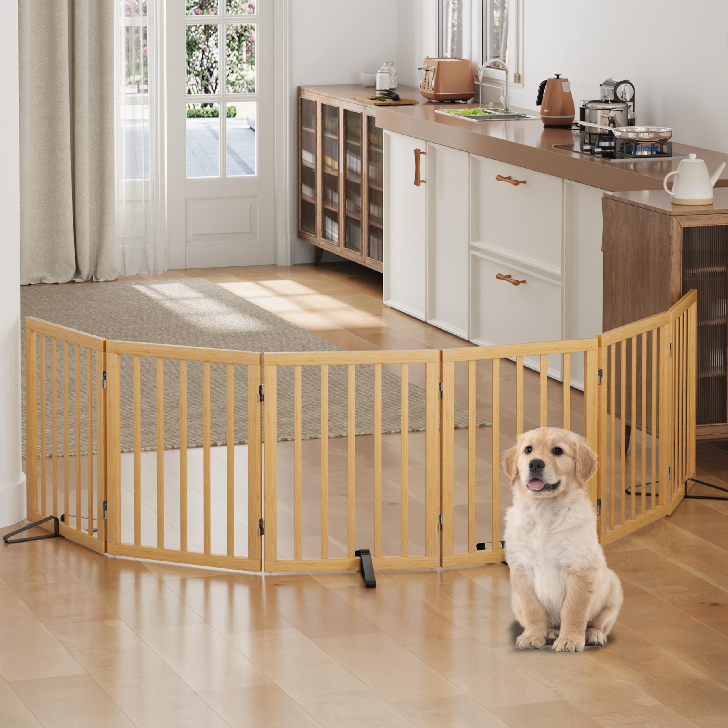 Dog Gates for Doorways, Foldable Dog Gate Indoor, Freestanding Pet Gates for Doorways Bedroom, Puppy Gate with Metal Support Feet, Room Divider 3 Panels (Walnut) — view 26
