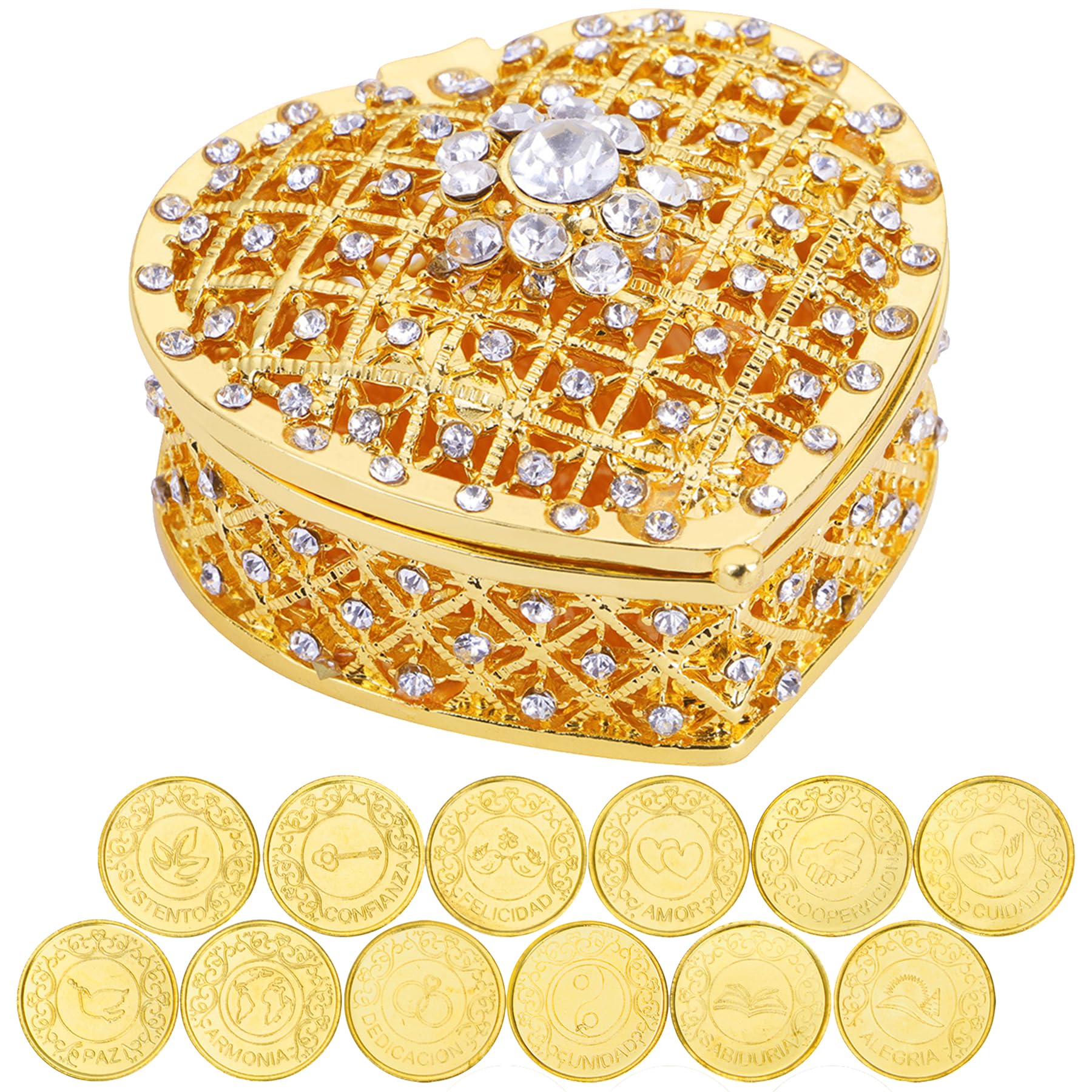 Arras Para Boda Catolica - 13pc Wedding Unity Coins with Diamond Heart Shaped Box, Arras de matrimonio, Wedding Coins for Unity Ceremony Ideas, Arras de boda Catolica,Unity Coins Catholic (Gold)